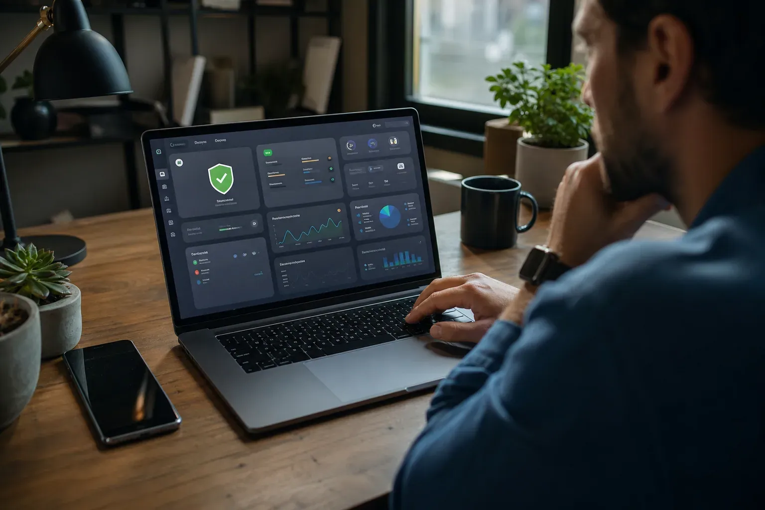 Personne devant un ordinateur portable comparant des solutions antivirus, avec un smartphone et un écran de sécurité en arrière-plan.