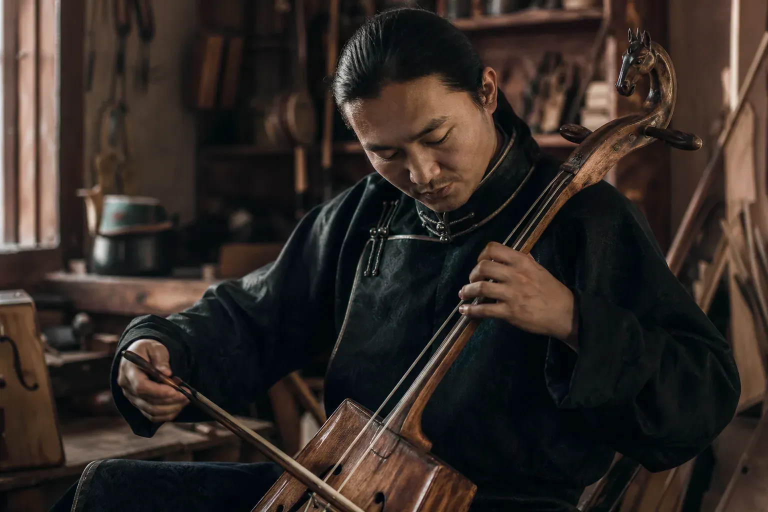 Musicien en train de tester un morin khuur traditionnel dans un atelier, avec une tête de cheval sculptée et l’archet à la main.