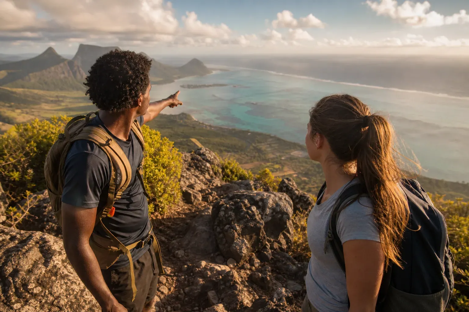 Deux randonneurs avec un guide au sommet de Le Morne Brabant, avec le lagon turquoise et les reliefs volcaniques de l’île Maurice en arrière-plan.