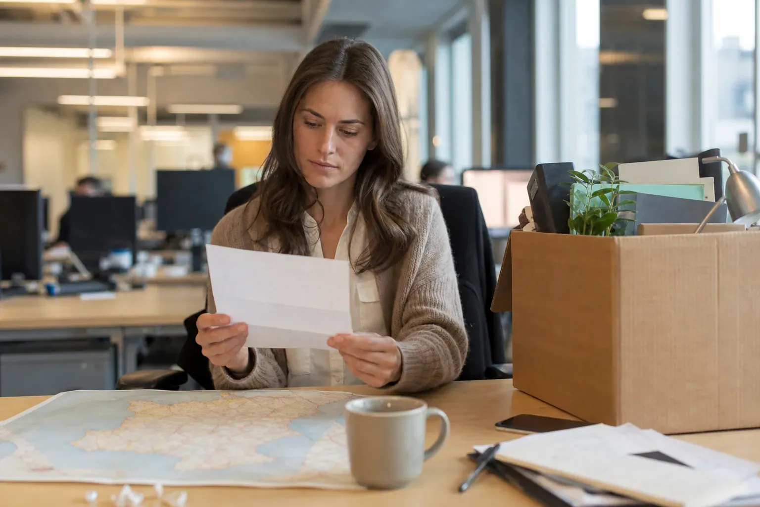 Salariée assise à son bureau dans un open space, lisant une lettre d'un air pensif, avec une carte de France dépliée et un carton de déménagement rempli d'affaires de bureau.