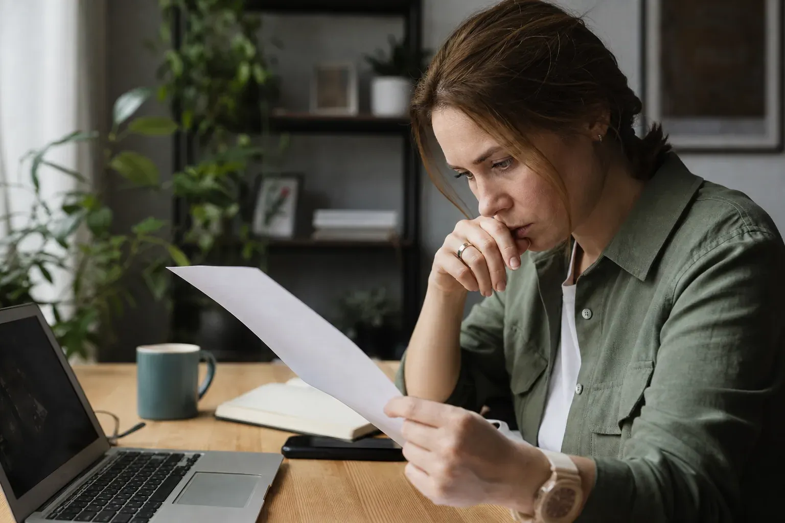 Salarié relisant son contrat de travail à la recherche d'une clause de non-concurrence, bureau à domicile, lumière naturelle.