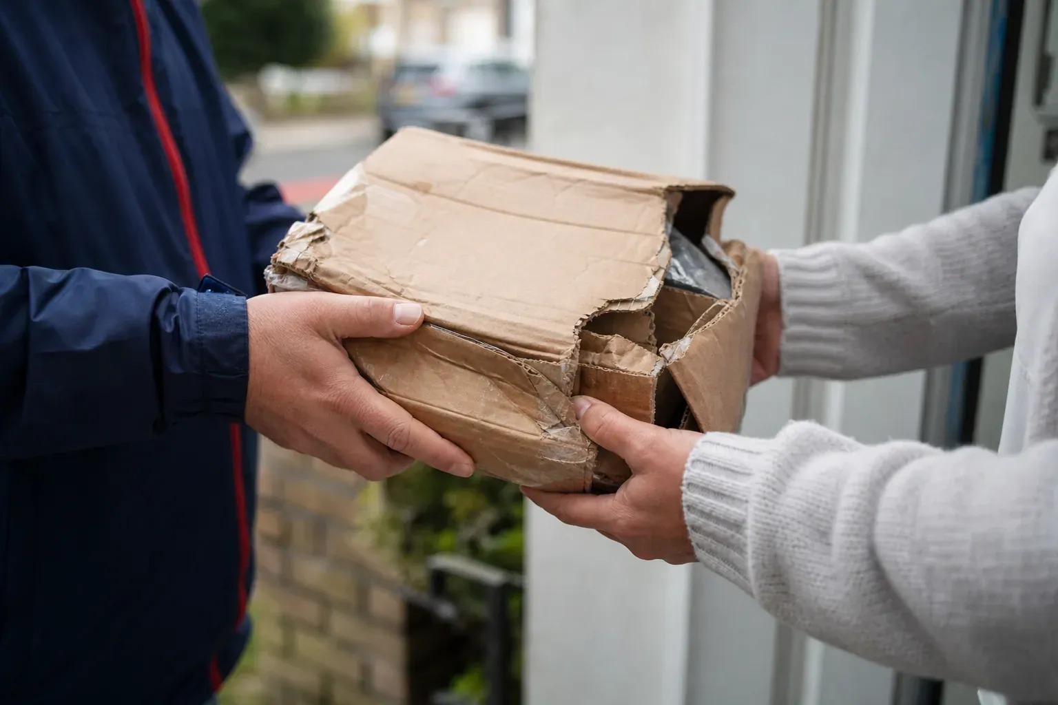 Personne recevant sur le pas de sa porte un colis en carton visiblement enfoncé et déchiré, tenue par un livreur.