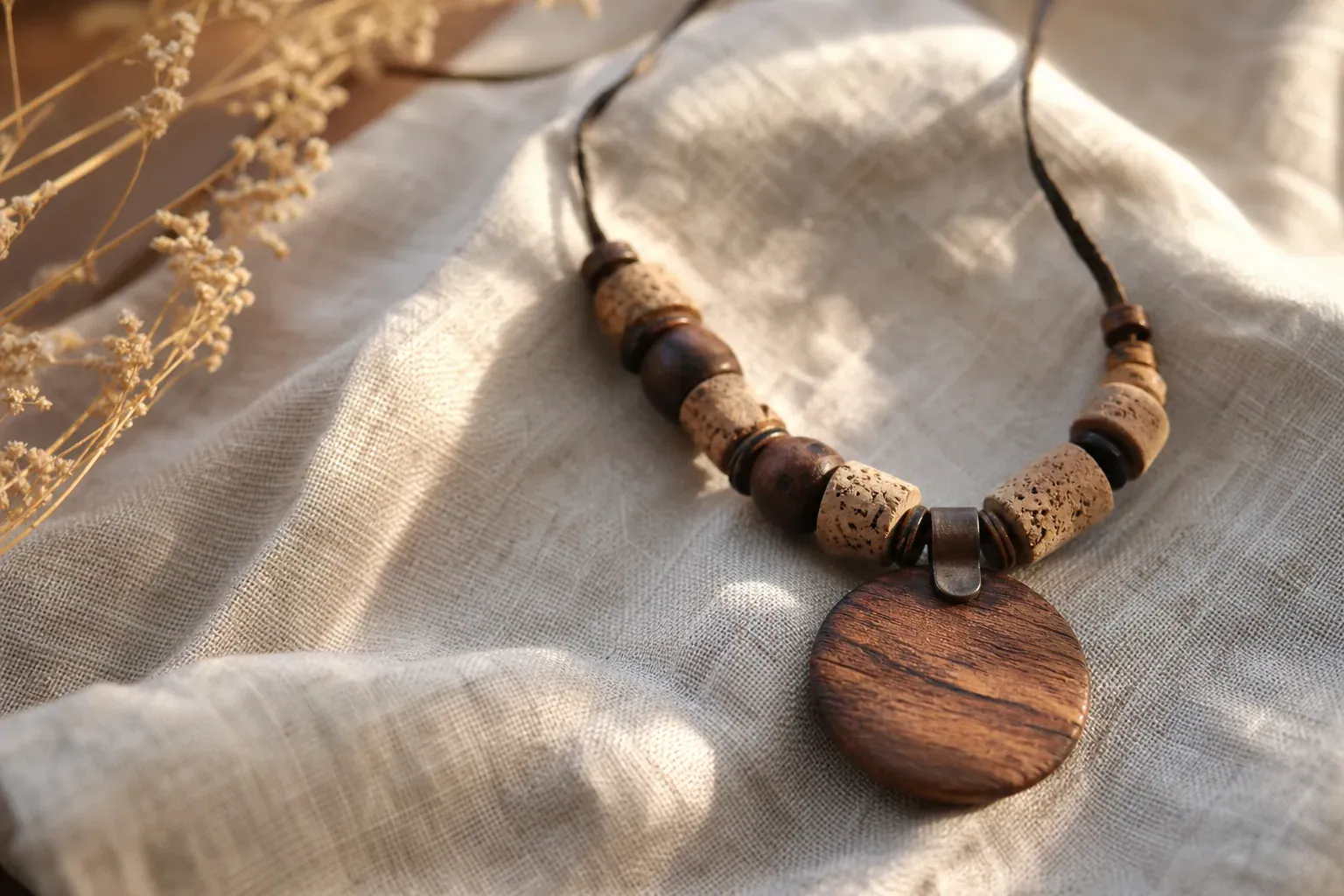 Un collier rustique en bois et liège posé sur un tissu en lin, avec des tons naturels et une lumière douce.