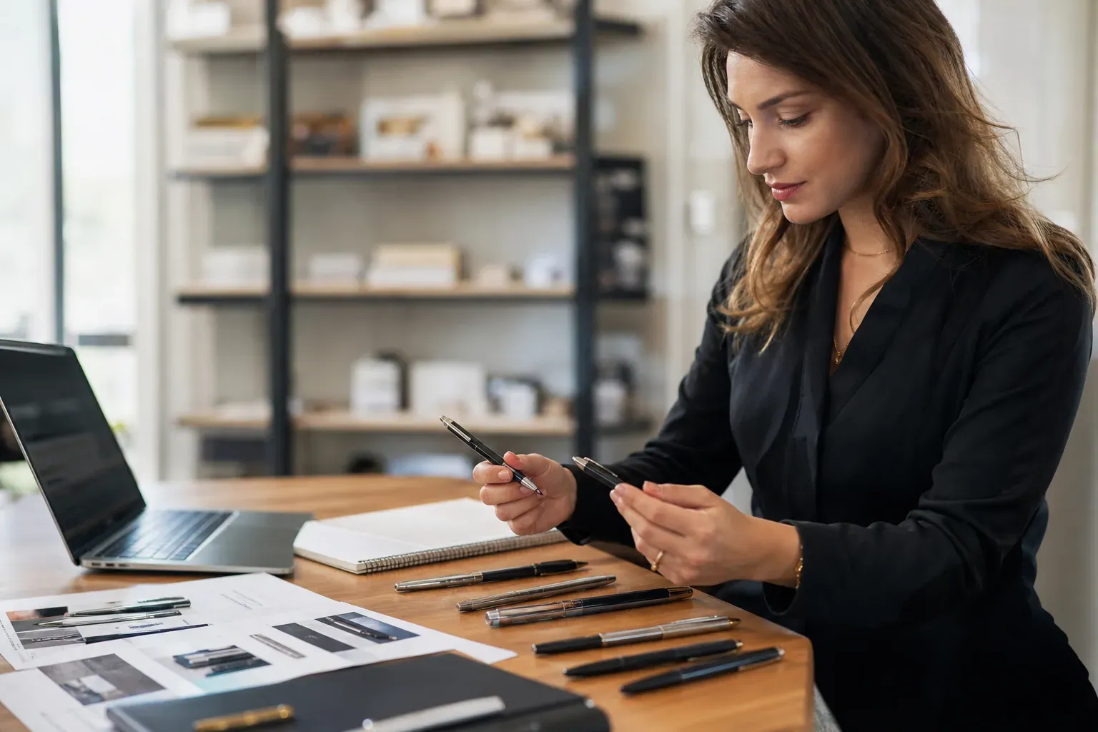 Photo réaliste d’un bureau avec plusieurs stylos publicitaires, des échantillons de marquage et un devis posé à côté, en ambiance professionnelle.