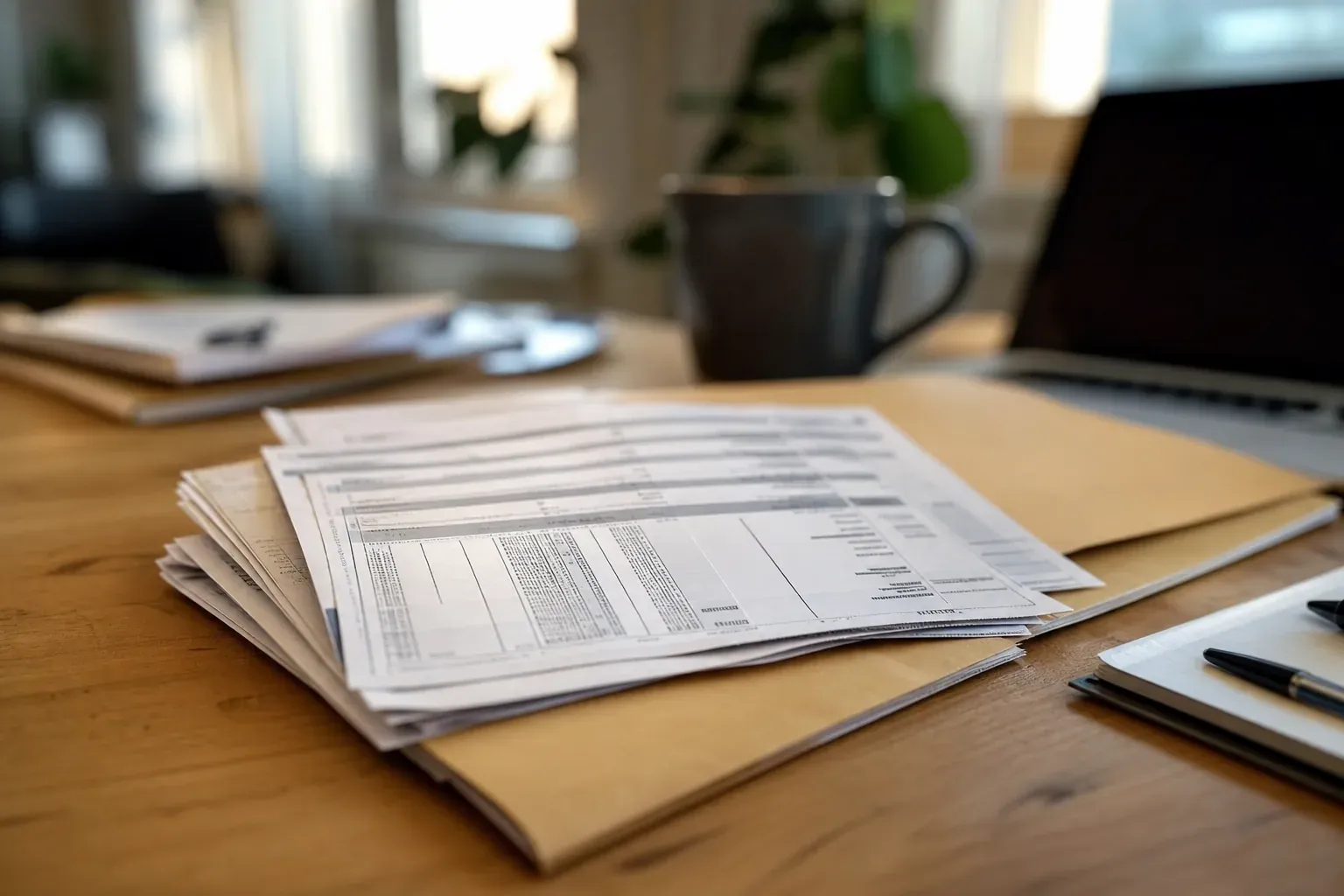 Pile de fiches de paie et dossier administratif posés sur un bureau en bois, éclairés par la lumière naturelle d'une fenêtre.
