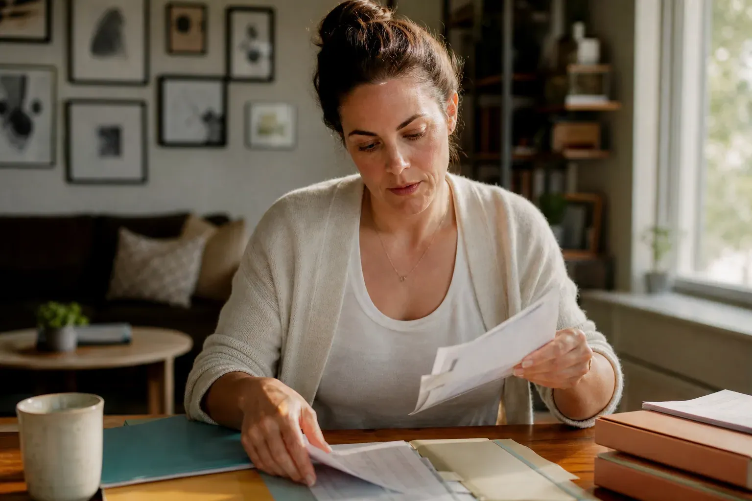 Une femme trie des factures et relevés bancaires en papier dans des dossiers, à un bureau à la maison.