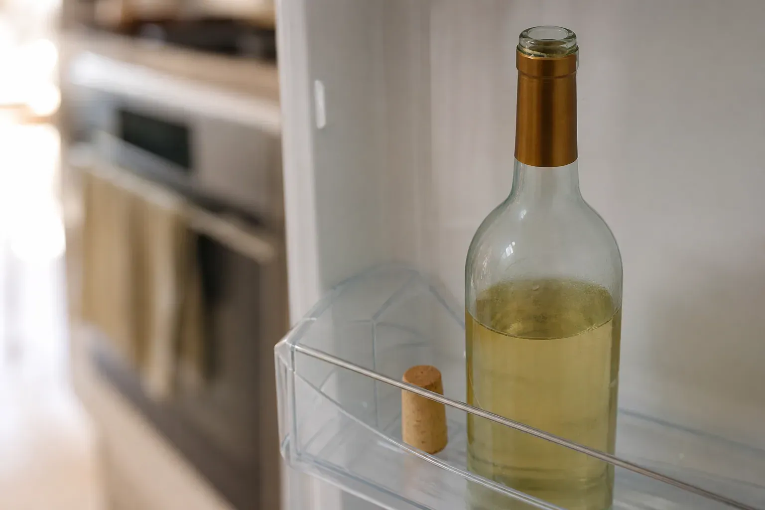 Une bouteille de vin blanc ouverte avec son bouchon posé à côté, dans la porte d'un réfrigérateur, lumière naturelle douce.