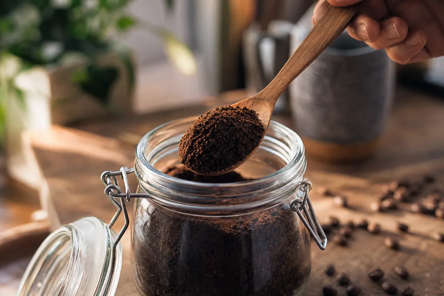 Une cuillère en bois plongée dans un pot en verre hermétique rempli de café moulu, posé sur un plan de travail en bois avec des grains de café éparpillés à côté.