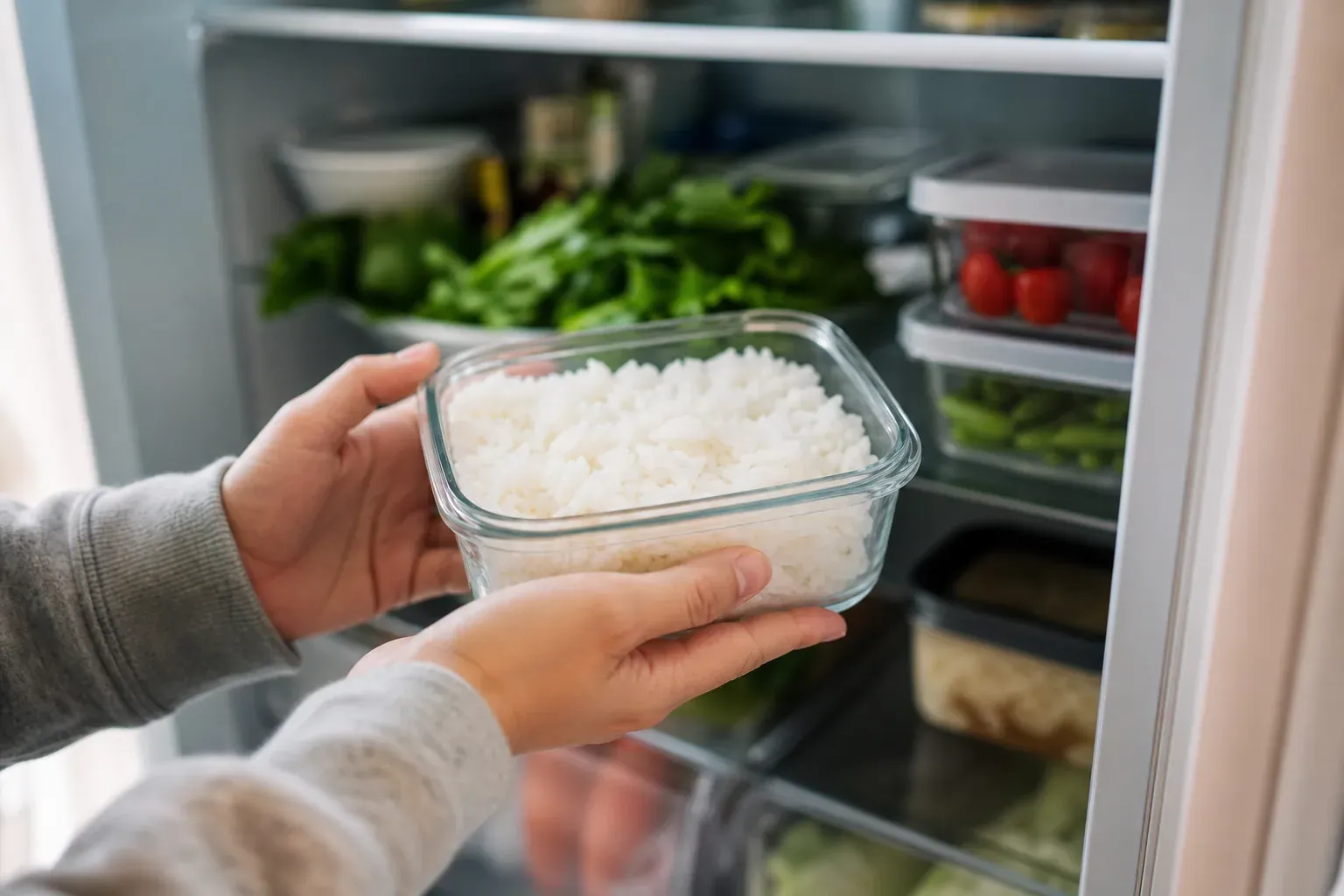 Un bol de riz blanc cuit refroidi, versé dans une boîte hermétique en verre avant d'être placé au réfrigérateur.