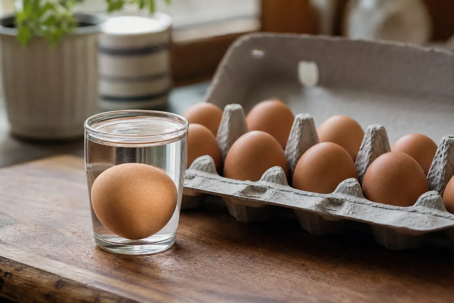Une boîte d'œufs ouverte sur un plan de travail de cuisine, avec un œuf plongé dans un verre d'eau pour tester sa fraîcheur, lumière naturelle du matin.