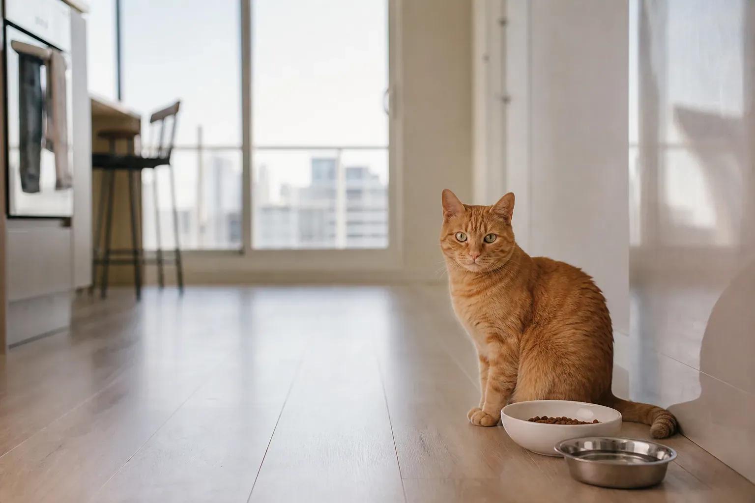 Chat roux assis près d'une gamelle d'eau et de croquettes dans une cuisine lumineuse, seul dans l'appartement.