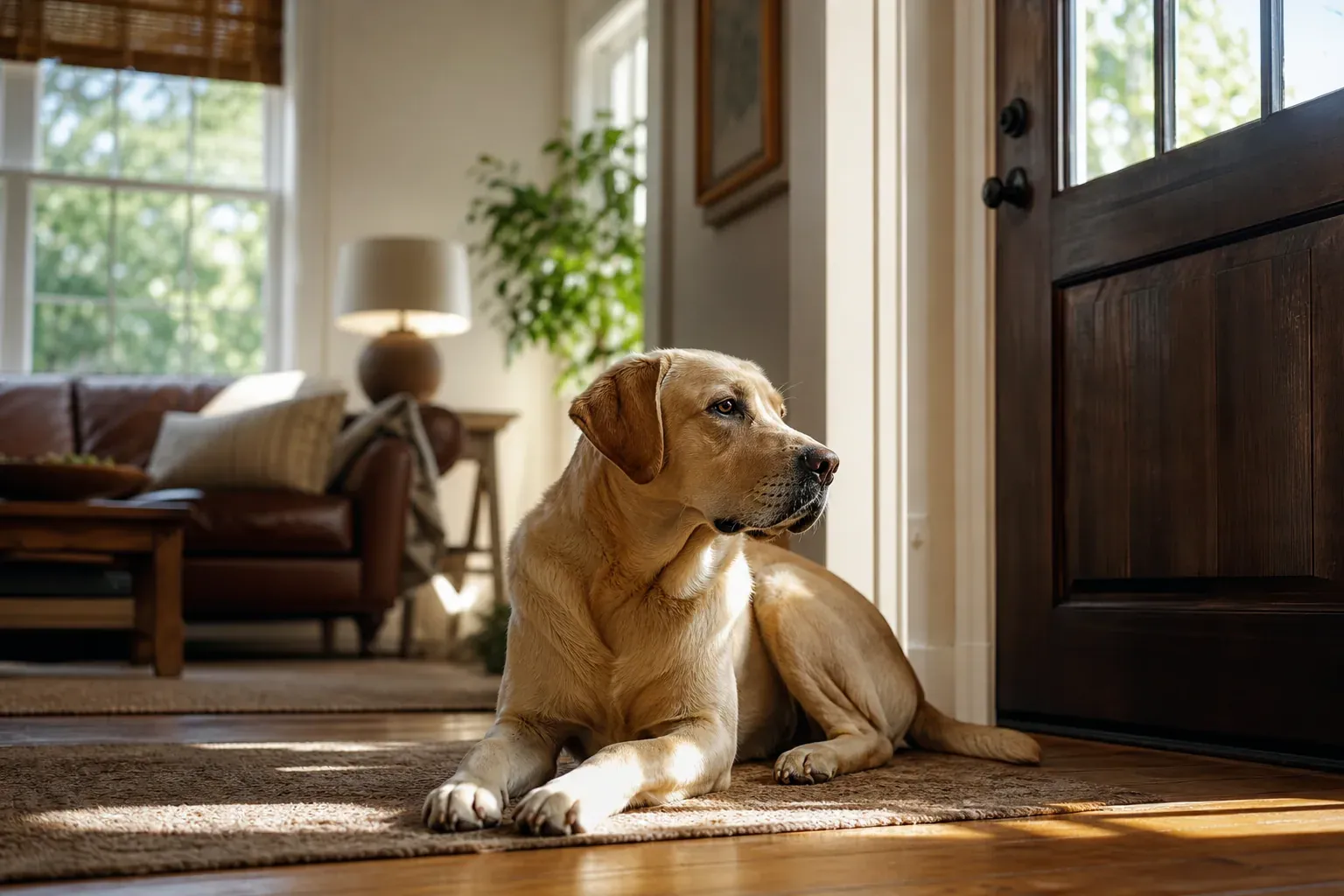 Chien adulte allongé calmement près d'une porte d'entrée dans un salon lumineux, seul à la maison.