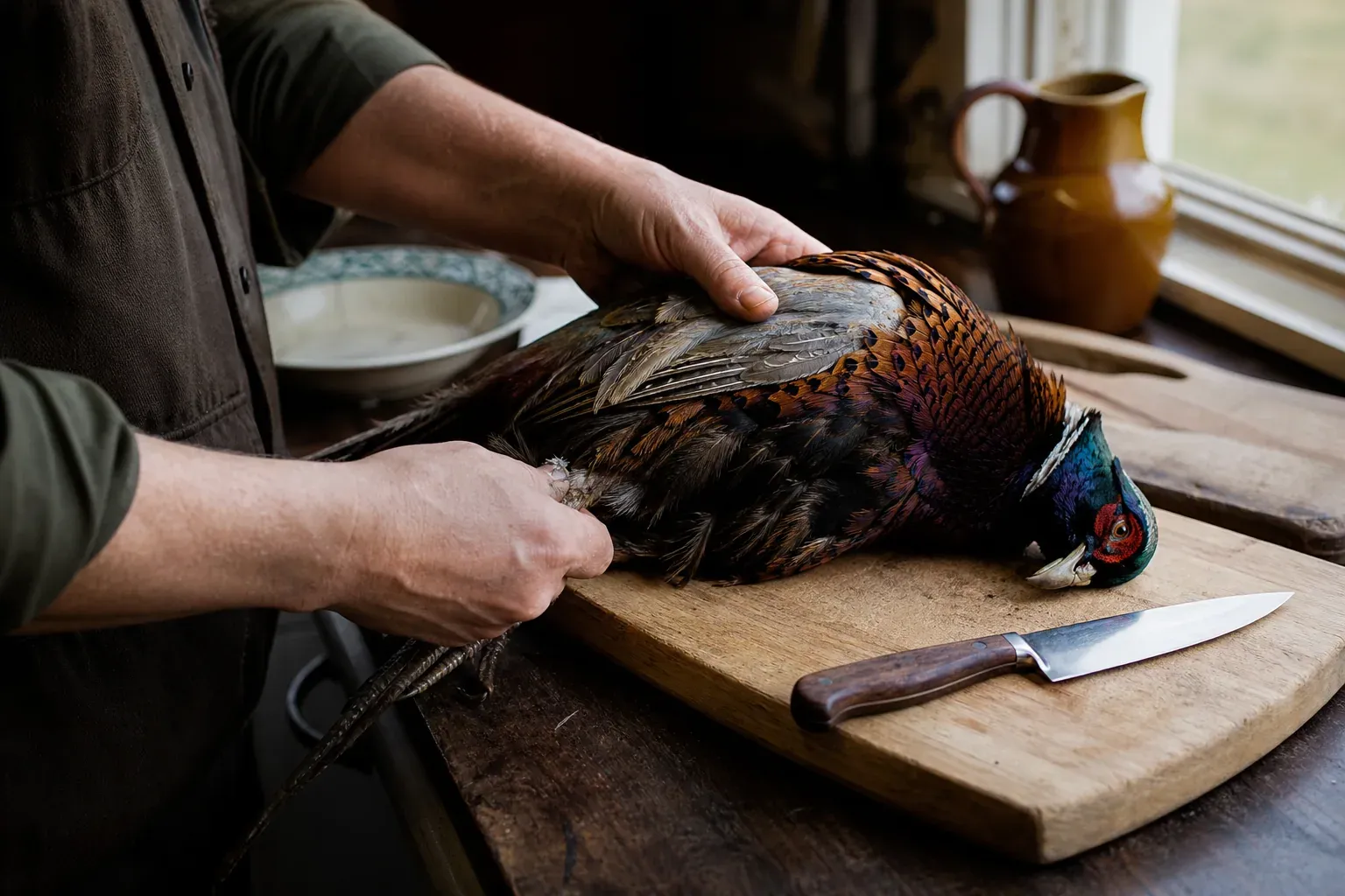 Des mains préparent un faisan sur une planche en bois dans une cuisine rustique, avec un couteau et une lumière naturelle.