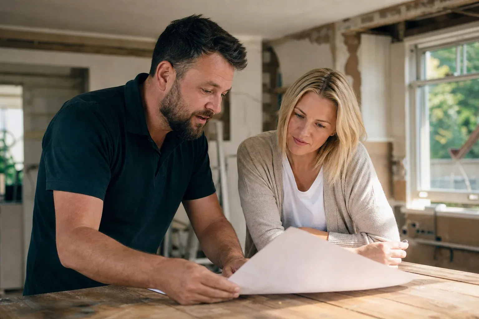 Artisan et particulier examinant ensemble un devis de travaux sur une table, dans un intérieur en cours de rénovation.