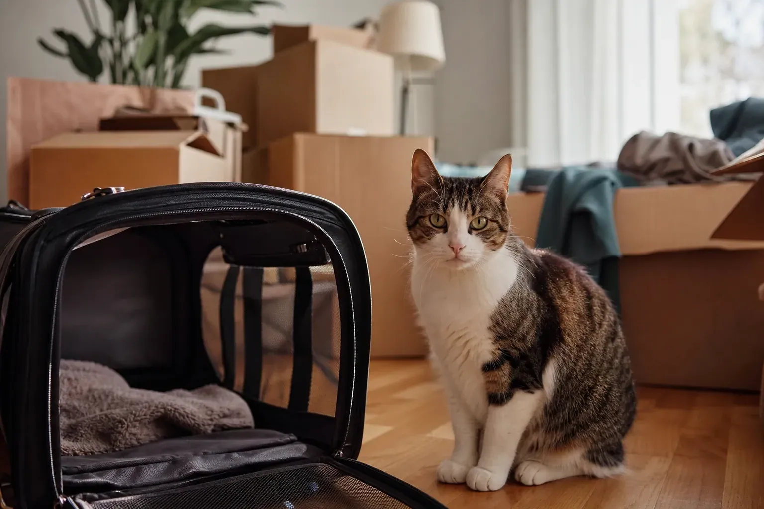 Un chat domestique assis près d’une caisse de transport et de cartons dans un salon en cours de déménagement, lumière naturelle, ambiance réaliste.