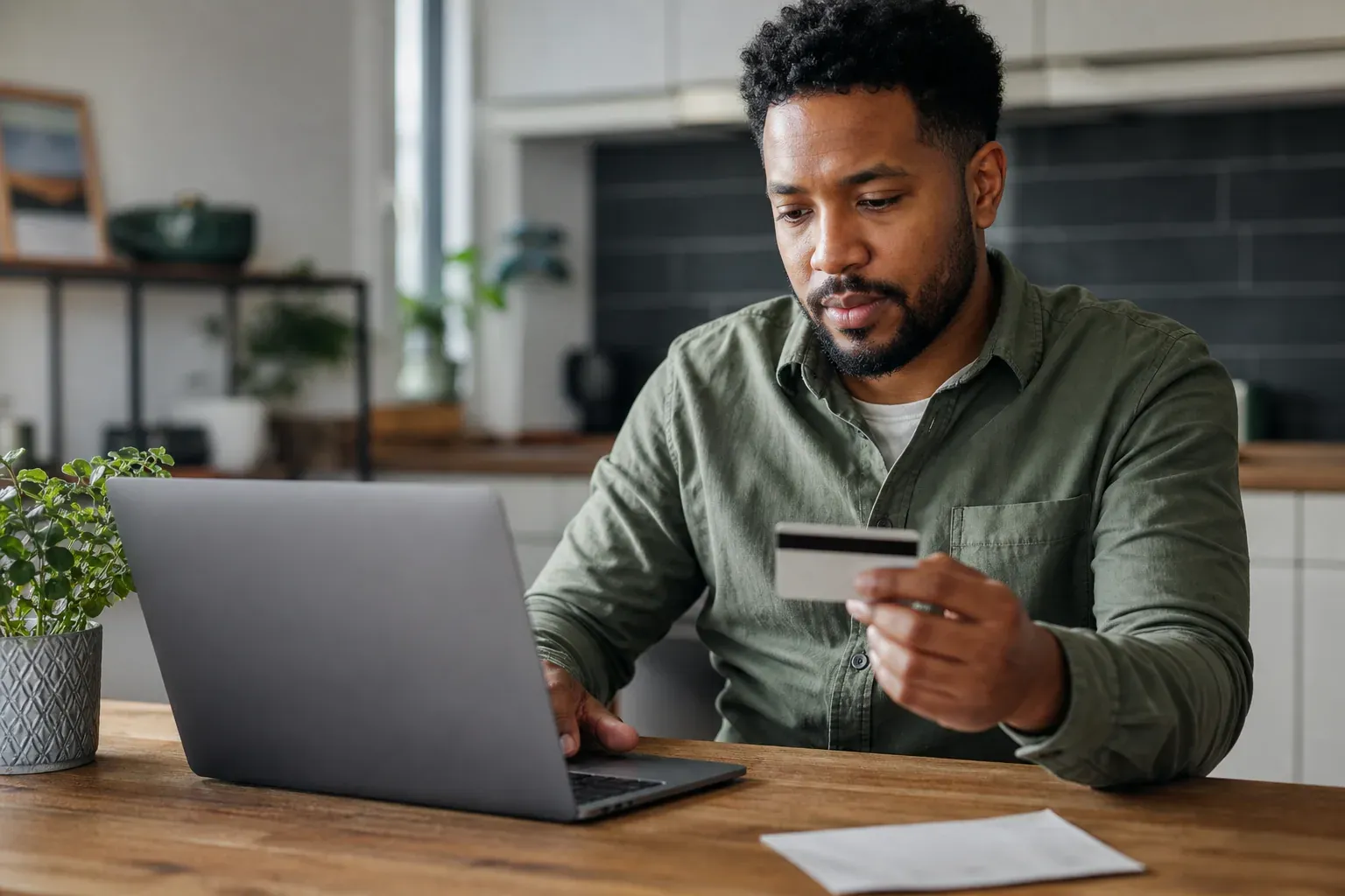 Personne vérifiant une commande en ligne sur un ordinateur portable, carte bancaire et colis à proximité, dans un intérieur lumineux.