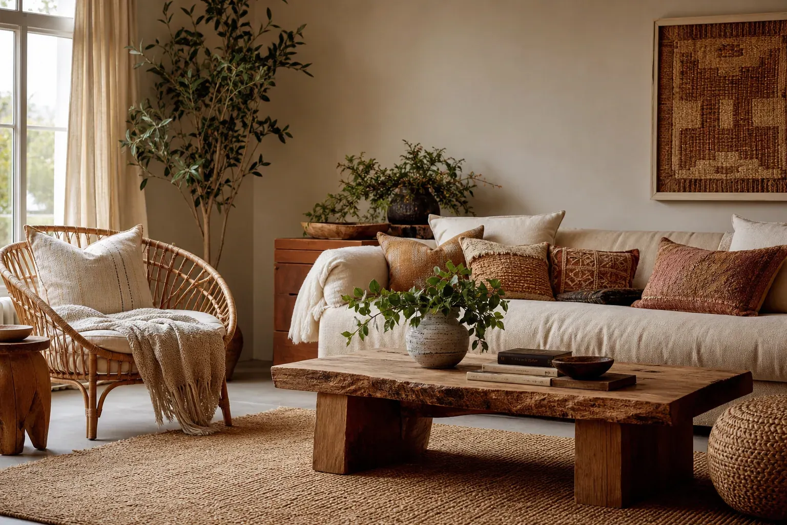 Un salon lumineux au style bohème chic avec canapé en lin, fauteuil en rotin, tapis tissé, plantes vertes et matières naturelles.