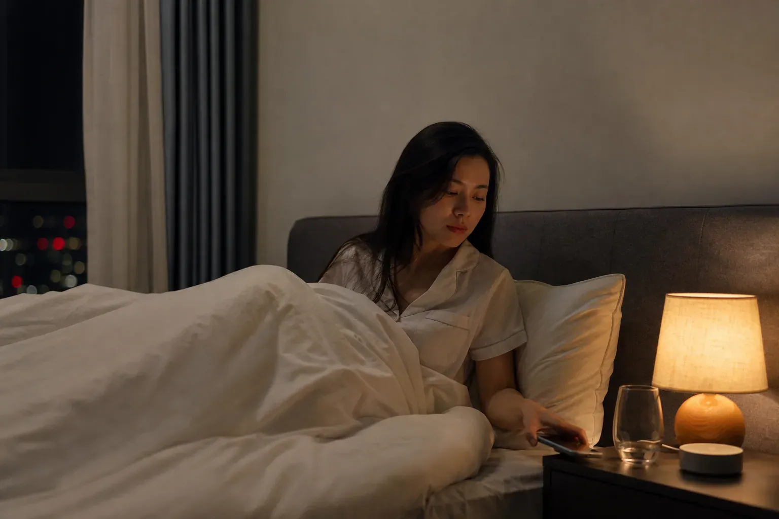 Une personne éteint son téléphone dans une chambre calme, sombre et soigneusement préparée pour favoriser le sommeil.