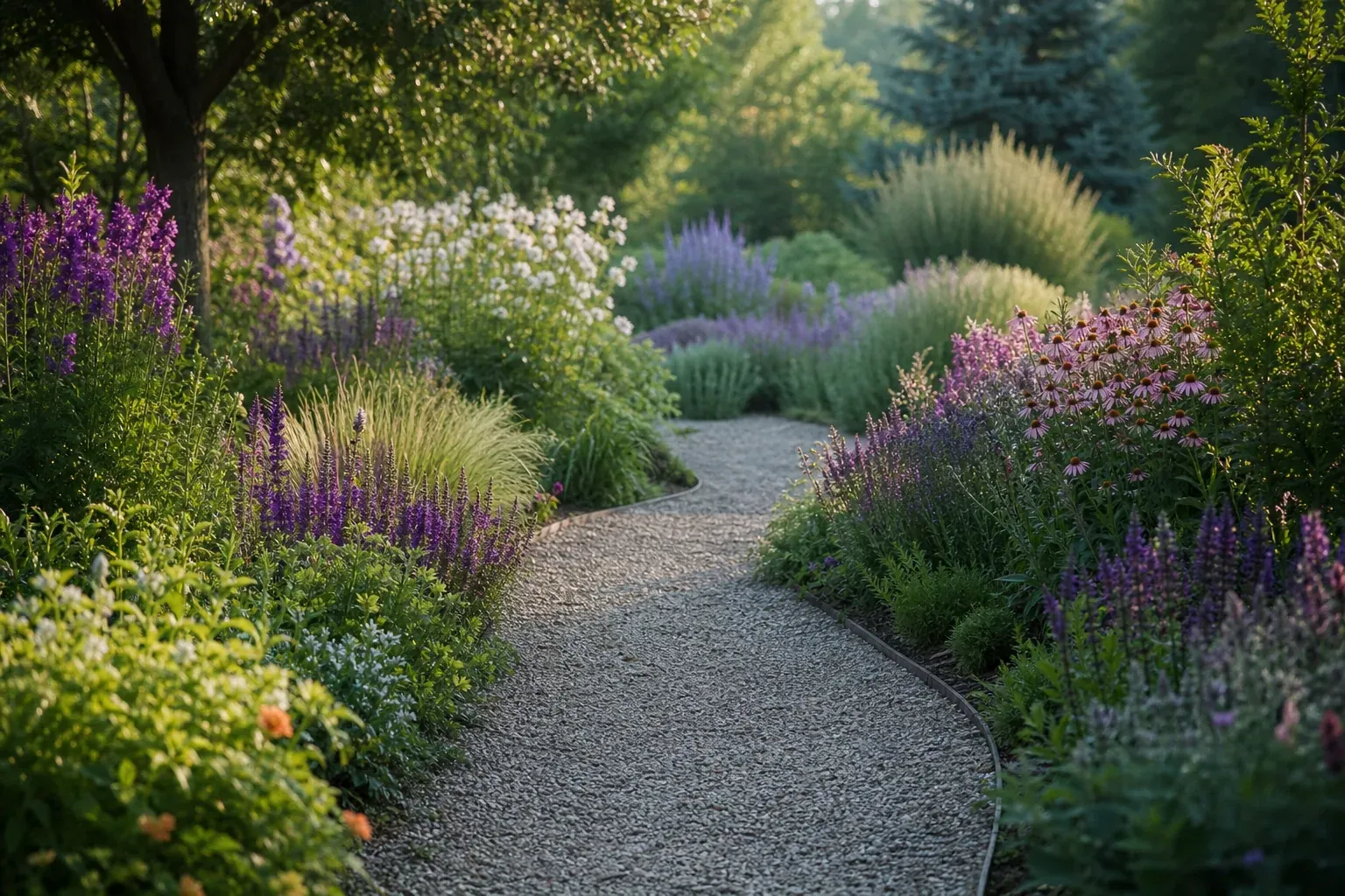 Allée de jardin bordée de fleurs vivaces colorées, avec un chemin en gravier et une végétation dense, sous une lumière douce de matin.