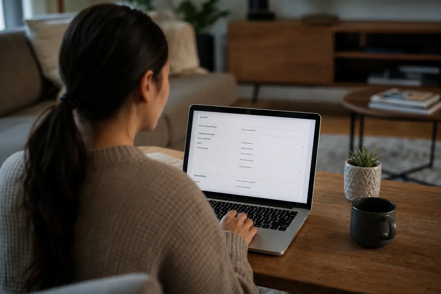 Une personne assise à une table consulte la page de compte Netflix sur un ordinateur portable pour résilier son abonnement.