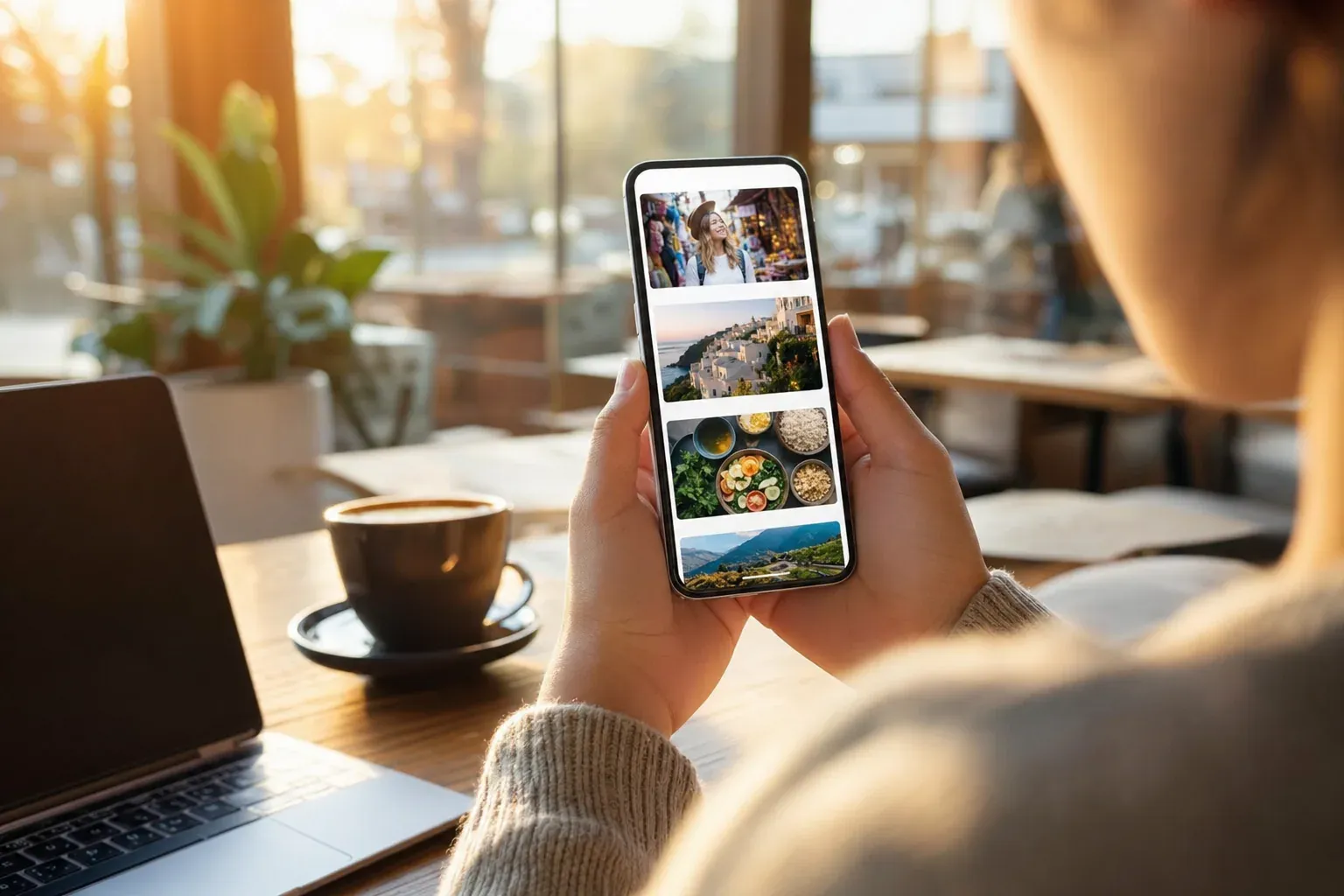 Vue par-dessus l'épaule d'une personne qui fait défiler un fil d'articles illustrés sur son smartphone, dans un café lumineux.