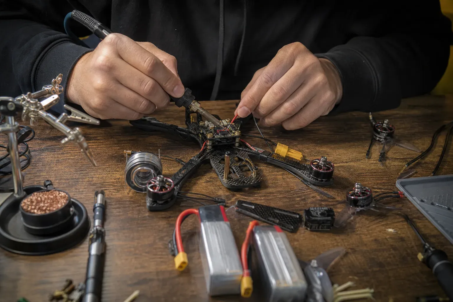 Un hobbyiste soude les composants d’un drone FPV sur un établi, avec le châssis, les moteurs et les outils de montage visibles.