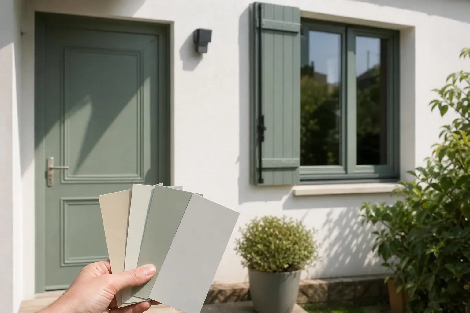 Façade de maison avec porte d’entrée et fenêtres harmonieusement assorties, avec des échantillons de peinture présentés au premier plan.