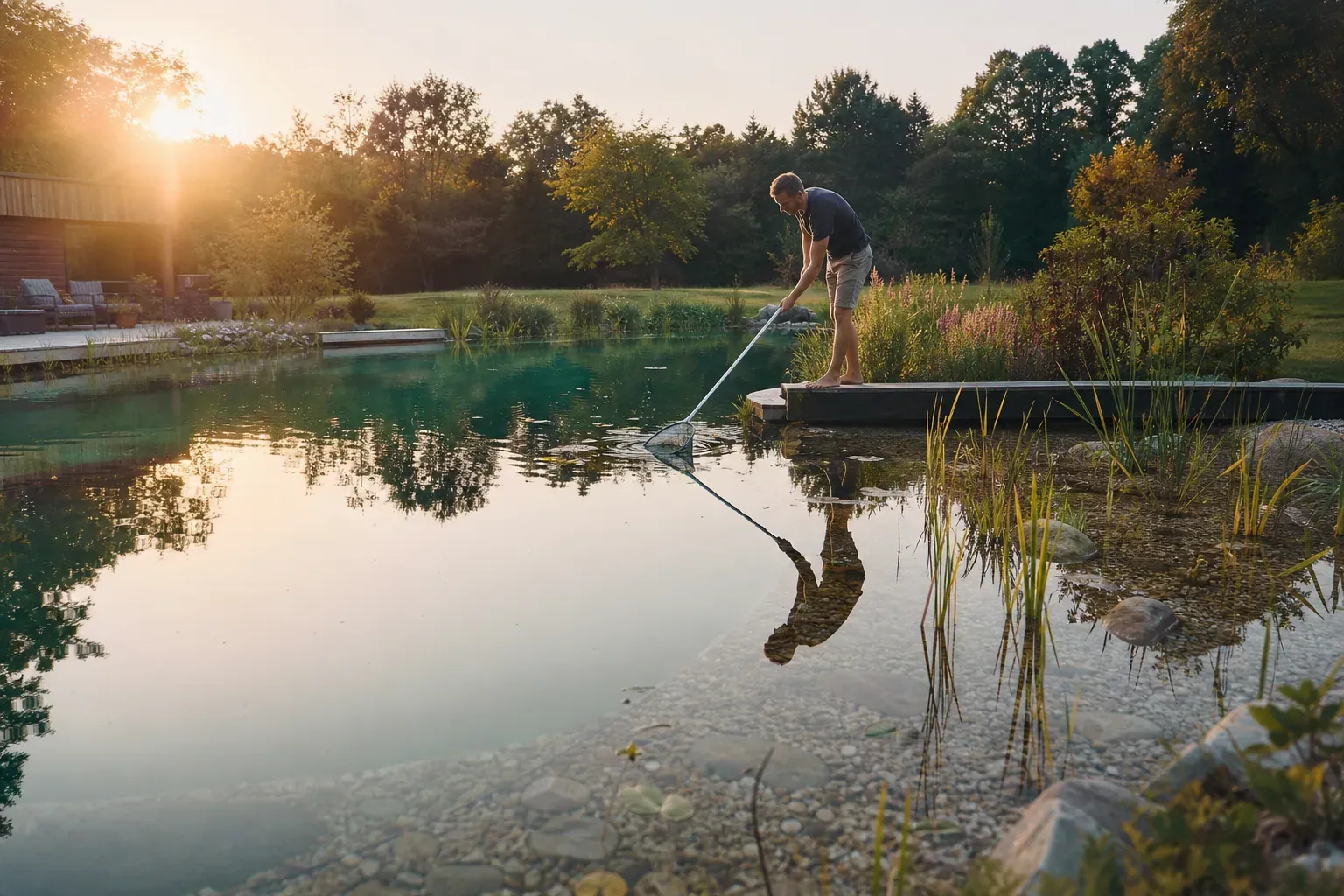 Piscine naturelle de jardin avec eau claire, plantes de berge et personne retirant des feuilles à l’épuisette