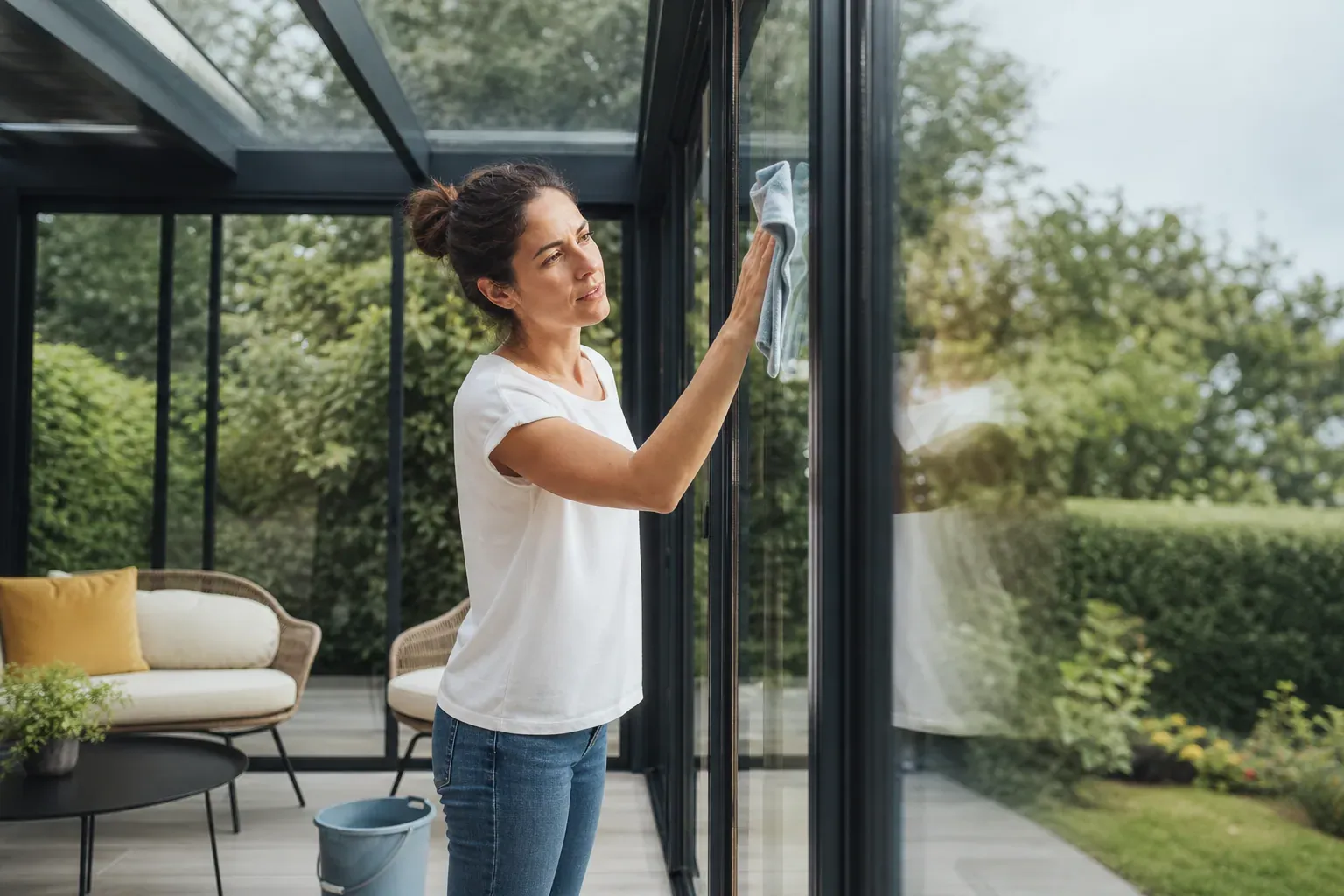 Un propriétaire nettoie les vitres et les profilés d’une véranda moderne, avec le jardin visible au fond.