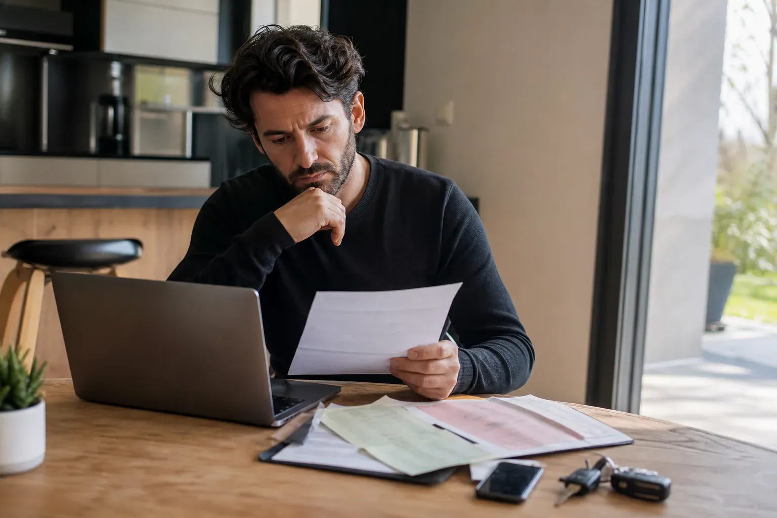 Une personne compare des devis d’assurance auto sur un ordinateur portable, avec des clés de voiture et des papiers administratifs sur une table.