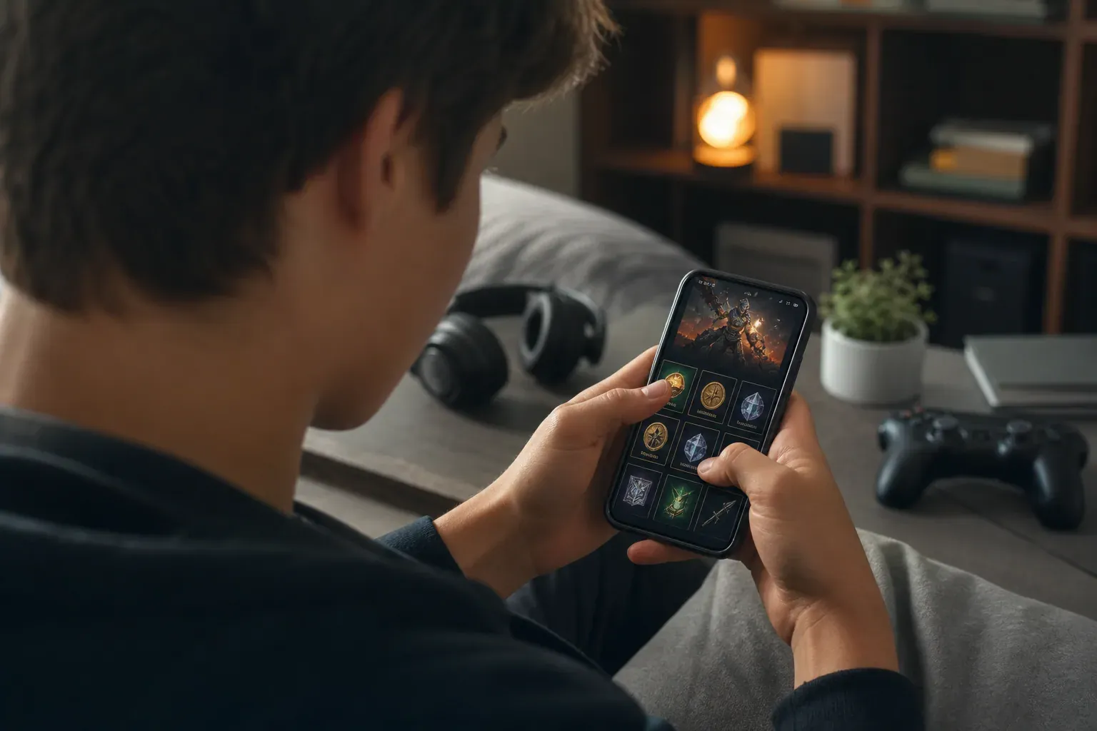 Un adolescent tient un smartphone et consulte une application liée aux récompenses de jeu, dans un décor domestique réaliste.