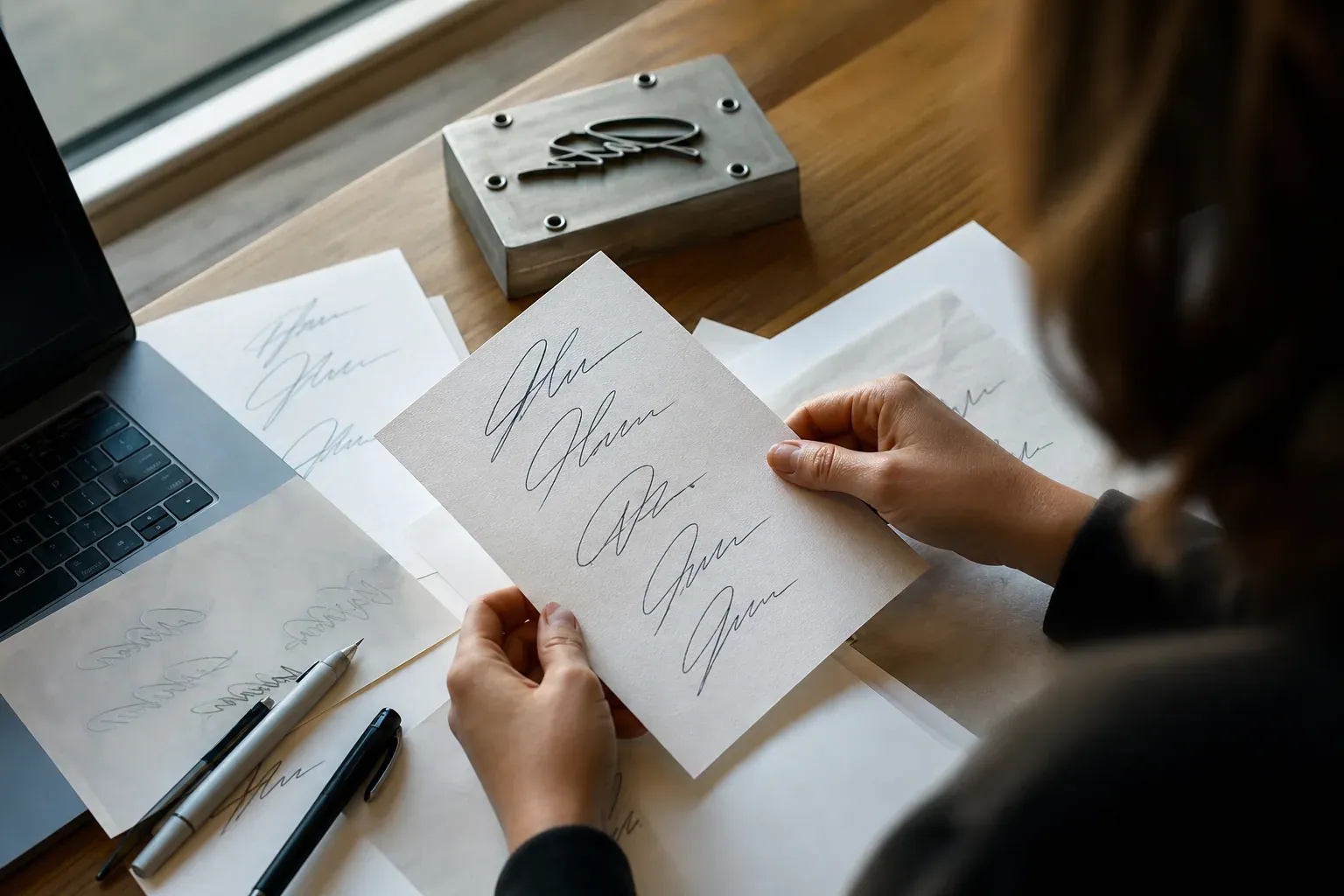 Vue de près de plusieurs essais d’écriture d’un prénom sur papier, à côté d’un ordinateur et d’outils de calligraphie.