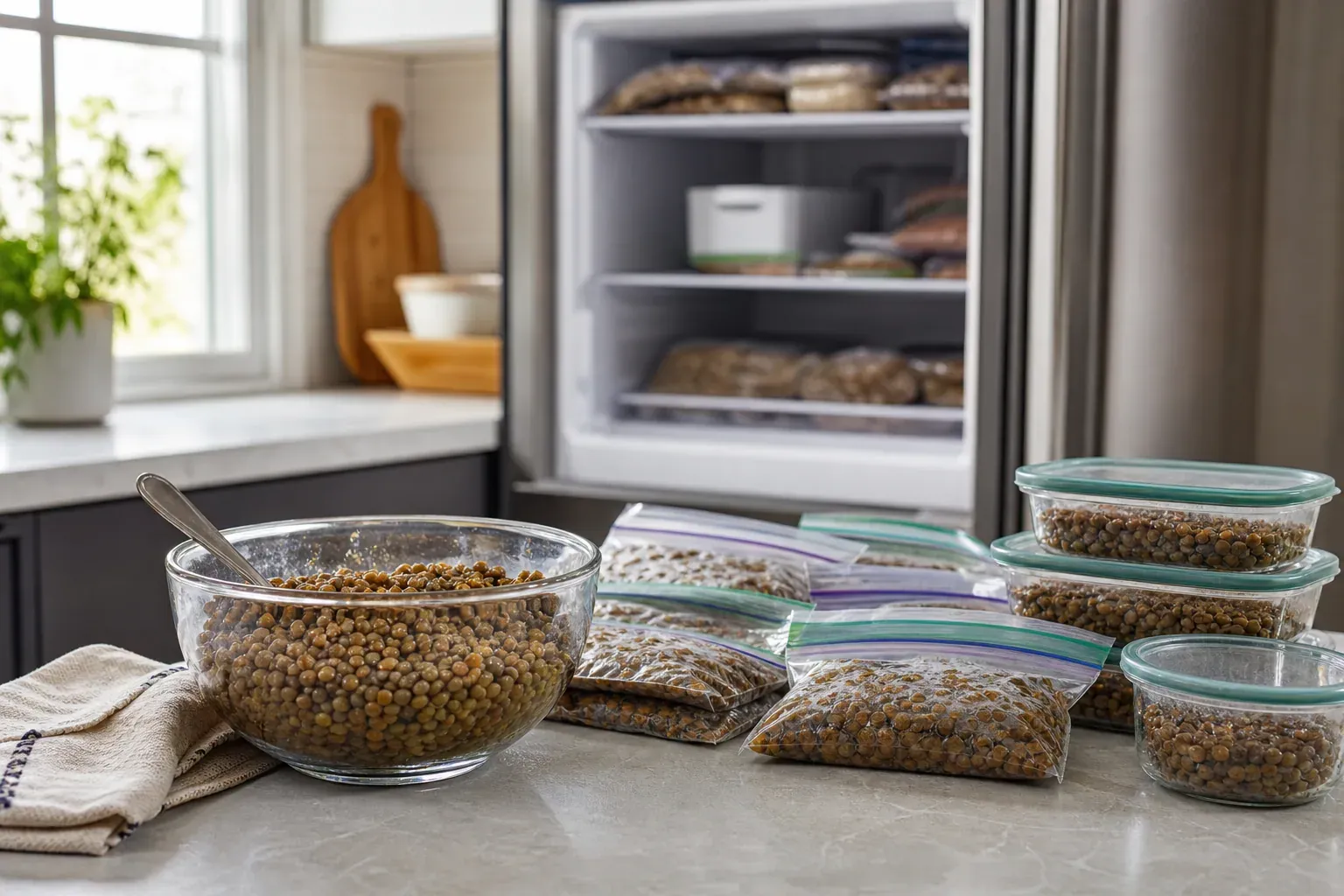 Des lentilles cuites réparties en portions dans des contenants hermétiques, prêtes à être congelées dans une cuisine moderne.