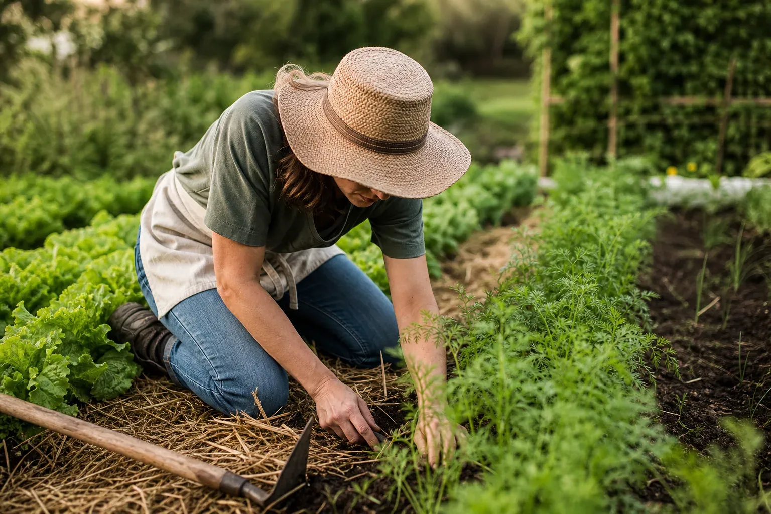 Un jardinier retire des herbes indésirables à la main entre des rangs de légumes, avec paillage au sol dans un potager verdoyant.