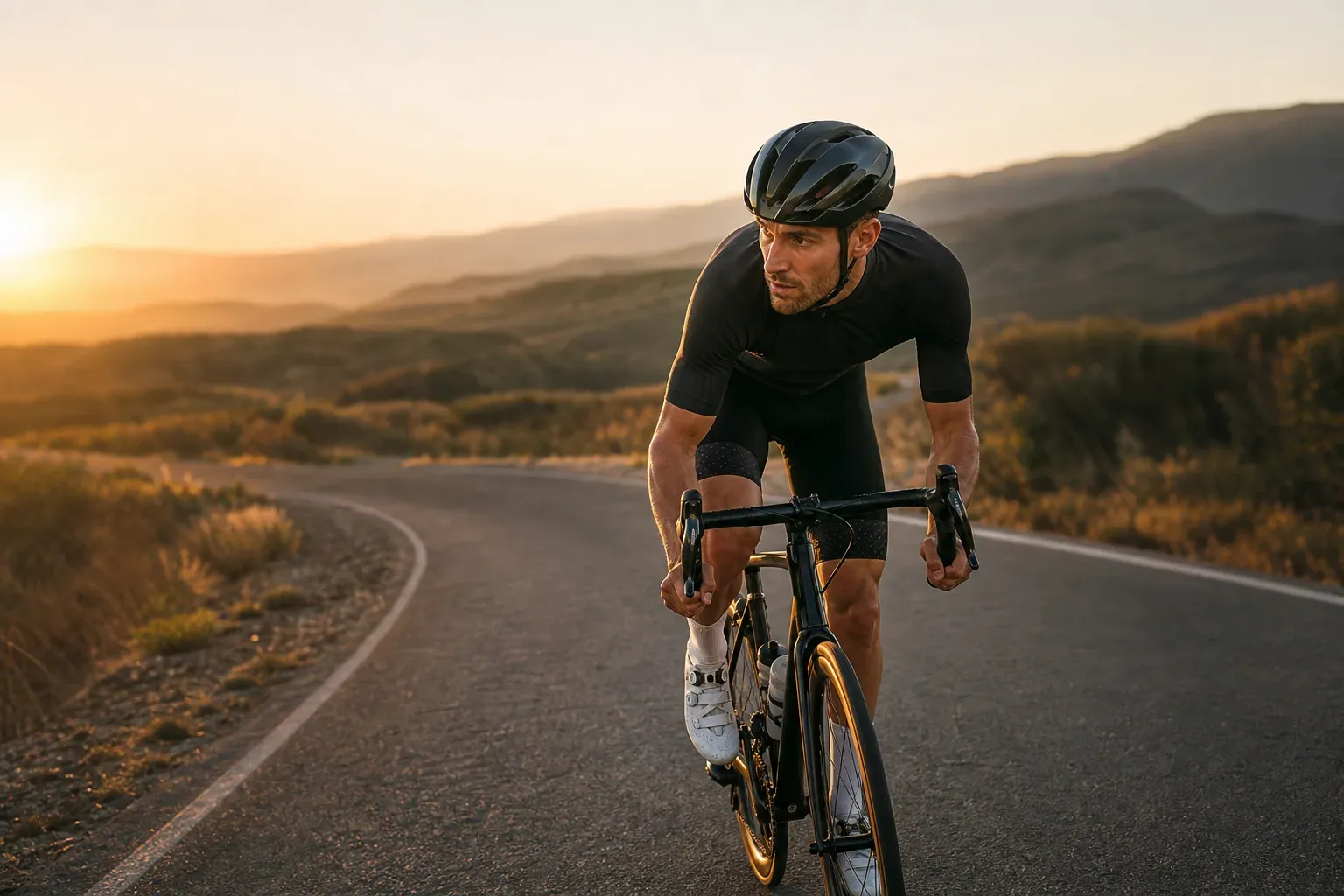 Cycliste en tenue technique sur une route de campagne au lever du jour, en plein entraînement sur un vélo de route.
