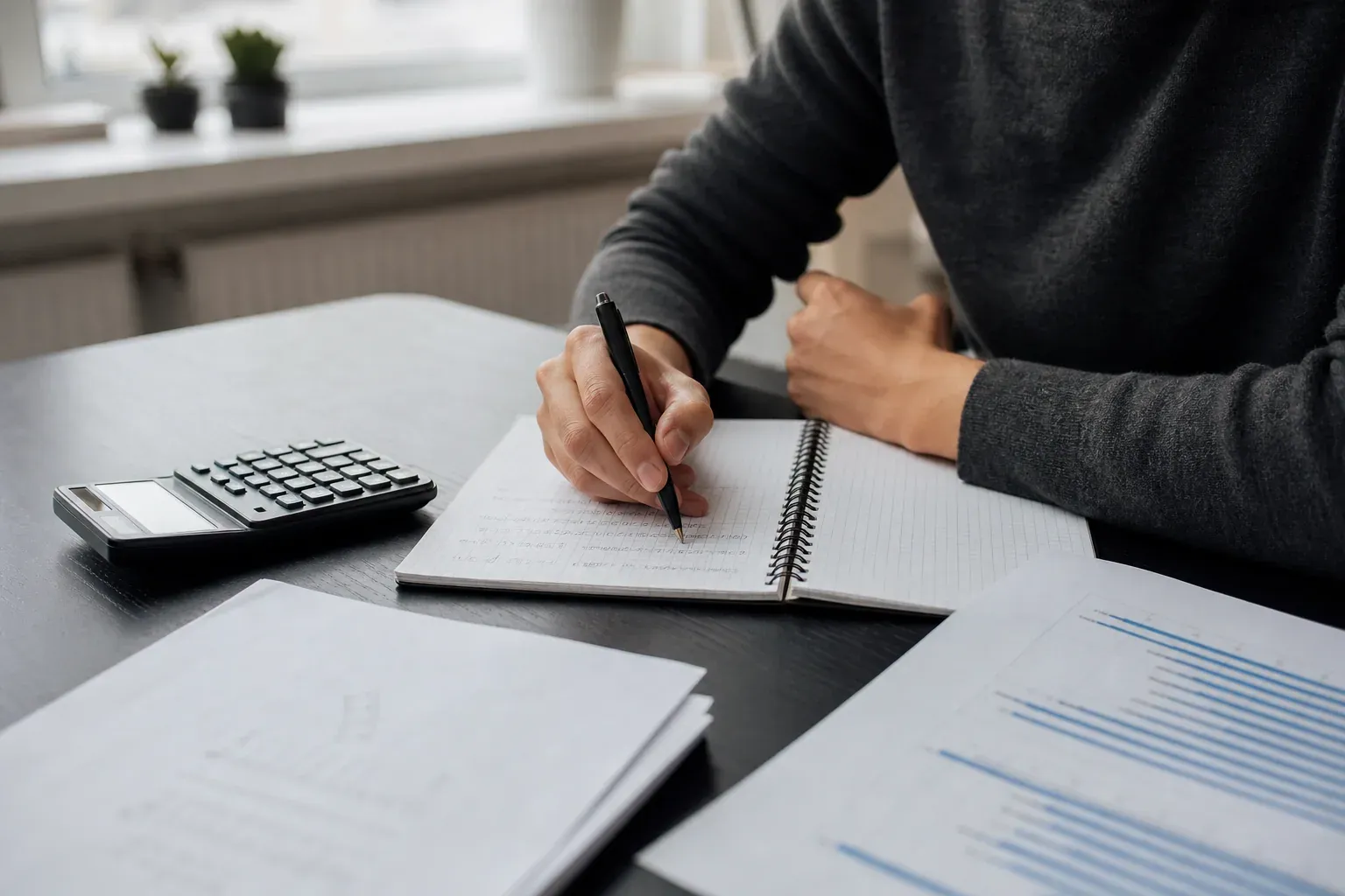 Photo réaliste d’un bureau avec un carnet, une calculatrice et des calculs de statistiques manuscrits.