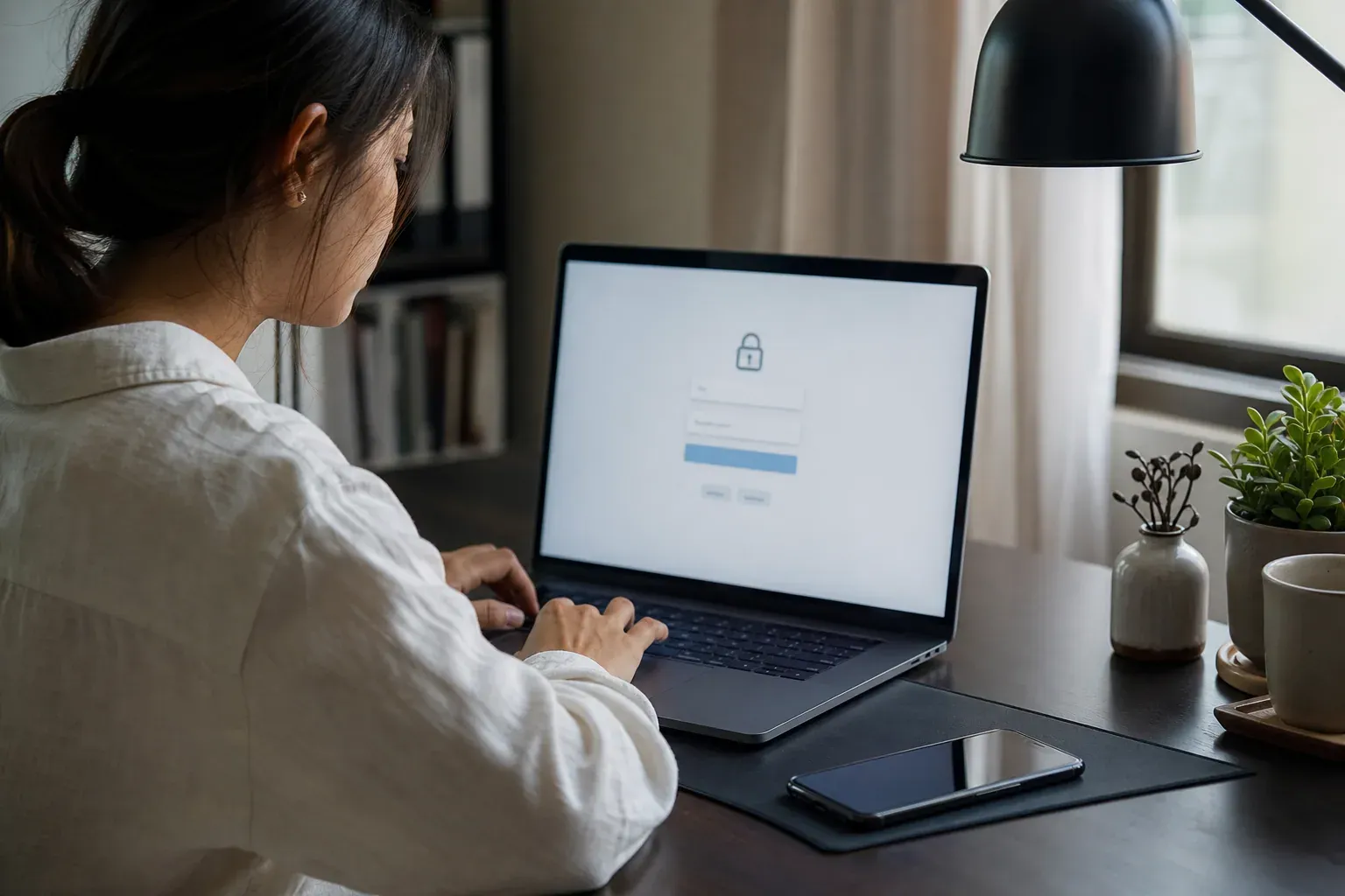 Une personne change son mot de passe de compte e-mail sur un ordinateur portable, avec un smartphone à côté, dans un bureau lumineux.