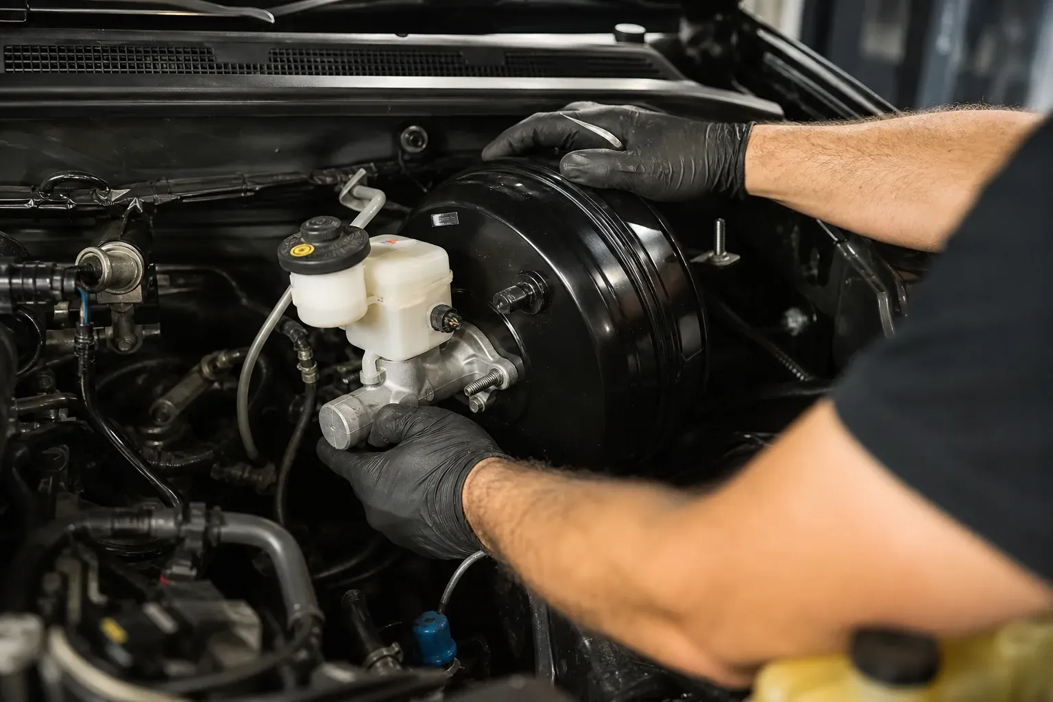 Un mécanicien remplace un servo frein dans le compartiment moteur d’une voiture, avec le maître-cylindre et la durite de dépression visibles.