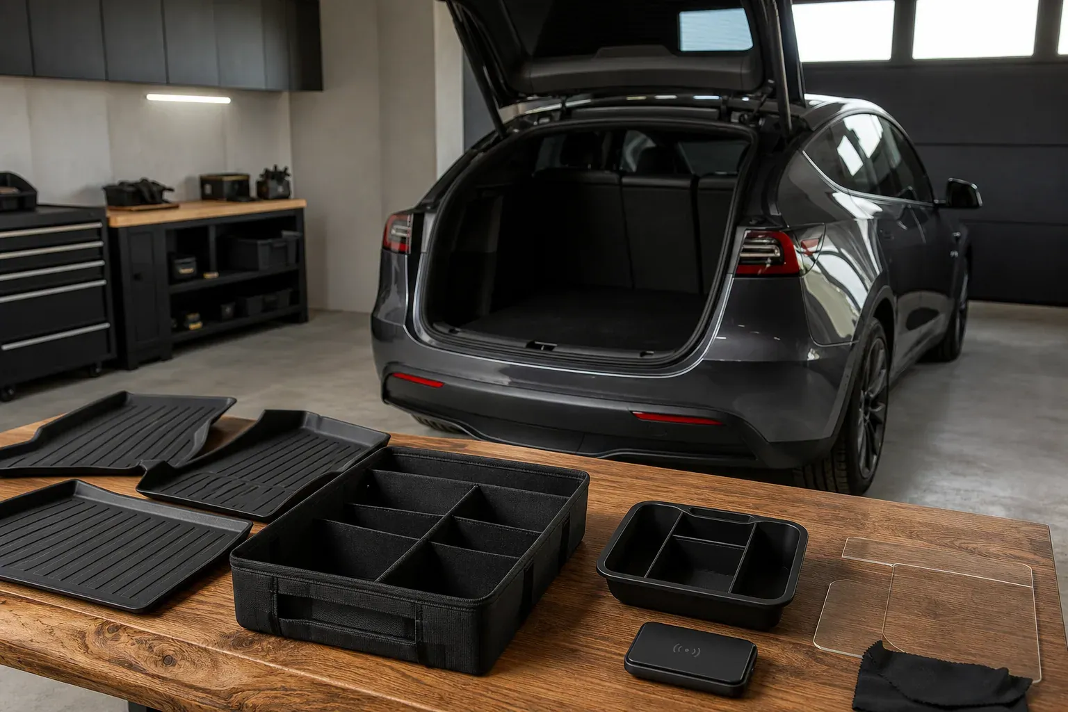 Tesla Model Y garée dans un garage, avec des accessoires compatibles étalés sur un établi : tapis de sol, organisateur de coffre, chargeur sans fil et protection d’écran.