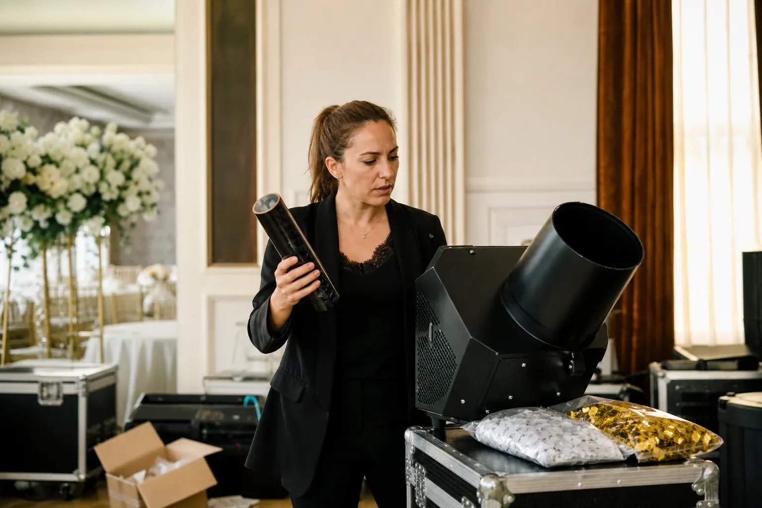 Une personne compare un canon à confettis manuel et une machine automatique sur une table, dans un décor de réception.