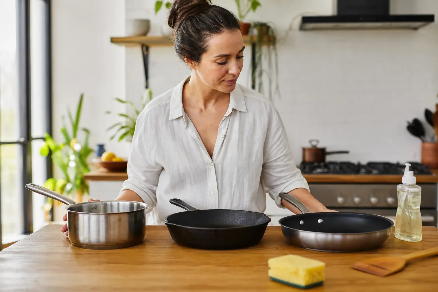 Photo réaliste d’un plan de travail de cuisine avec une poêle en inox, une poêle en fonte et une casserole, accompagnées d’accessoires d’entretien.