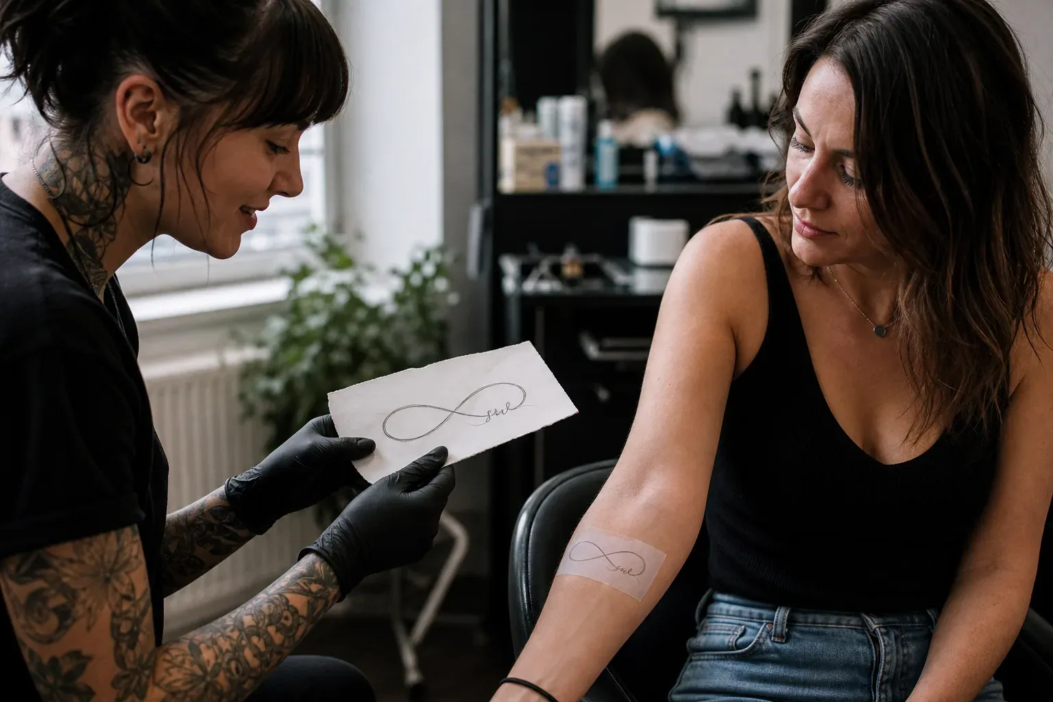 Tatoueur montrant à une cliente un croquis de tatouage infini avec prénom, avec stencil sur l’avant-bras dans un salon lumineux.