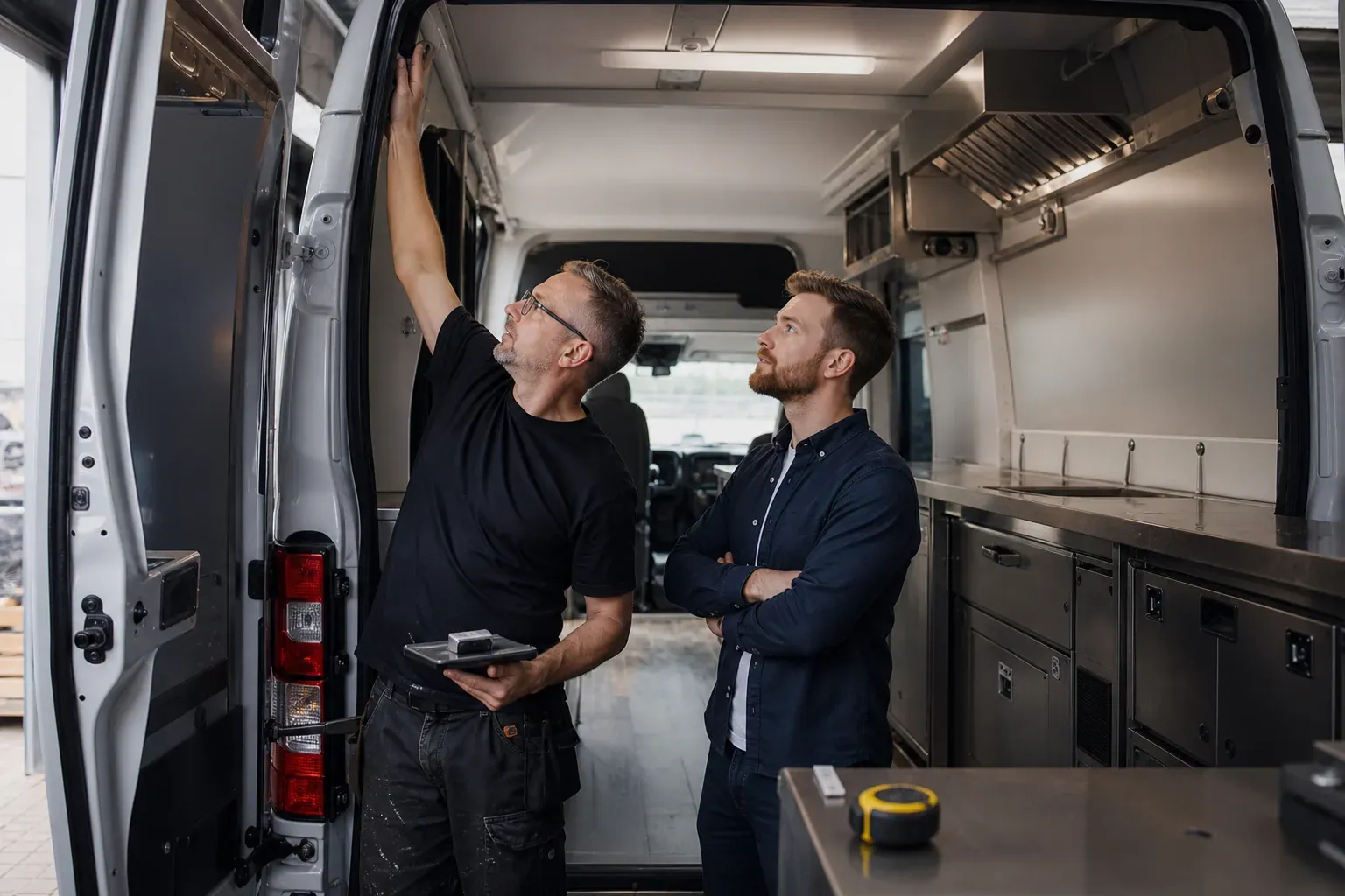 Un entrepreneur et un technicien examinent l’aménagement d’un utilitaire destiné à devenir un foodtruck, dans un atelier.
