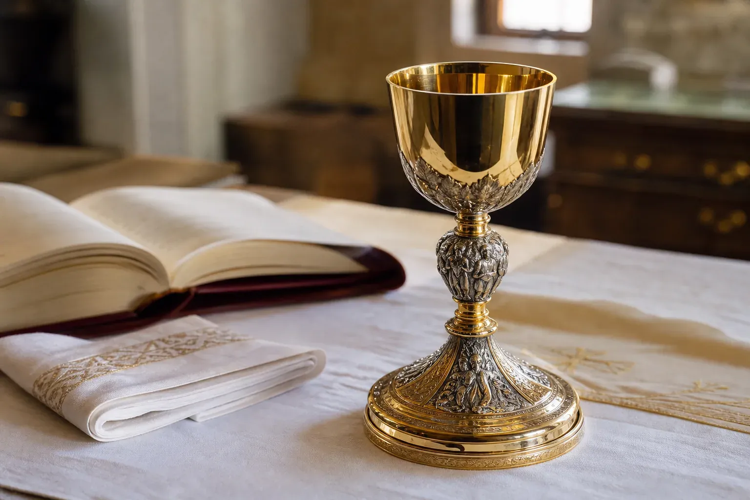 Calice liturgique posé sur une table de sacristie, avec un linge d’autel et un missel en arrière-plan.