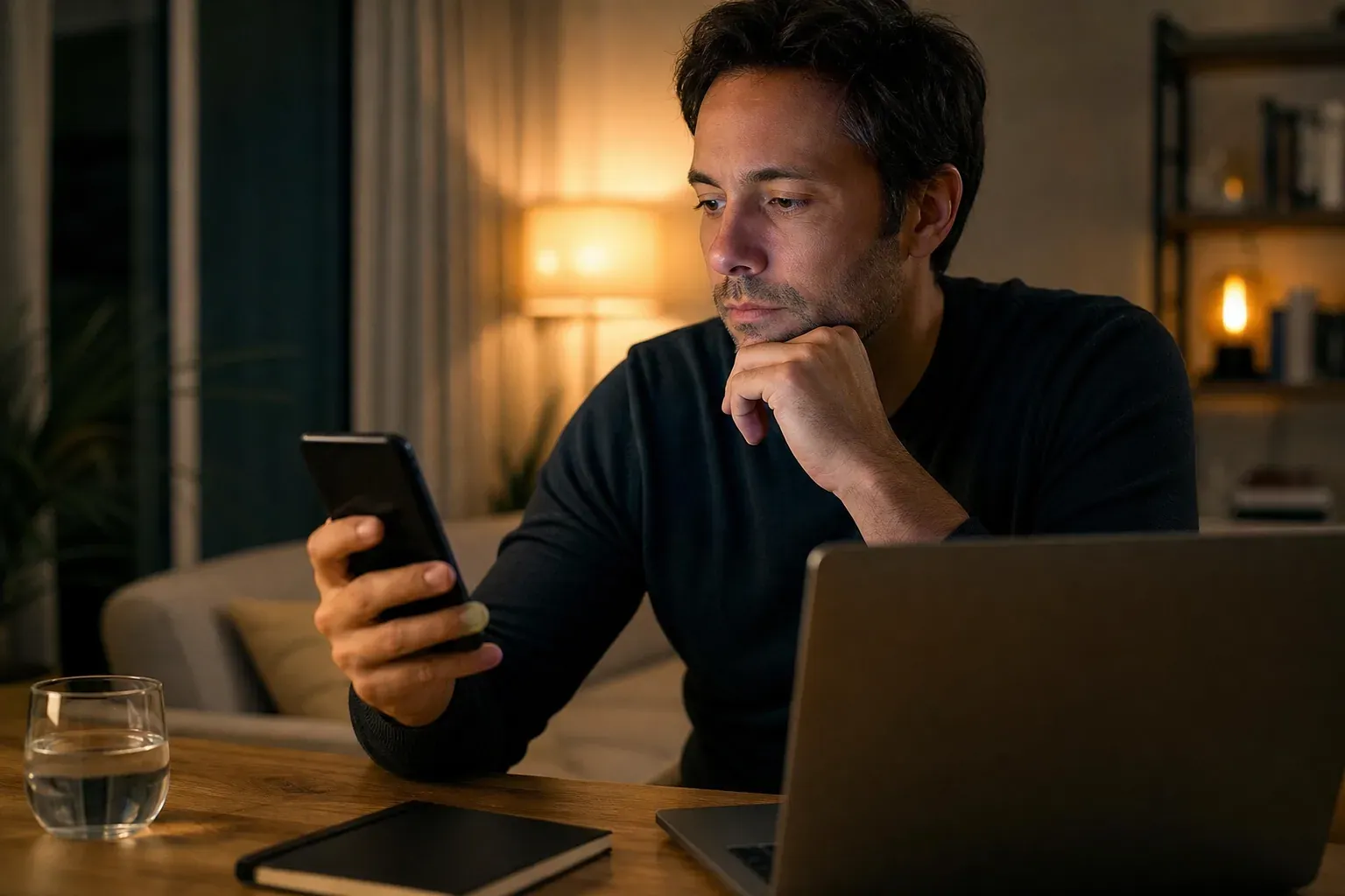 Une personne compare sur smartphone et ordinateur plusieurs services de téléphone rose dans une ambiance intime et discrète.