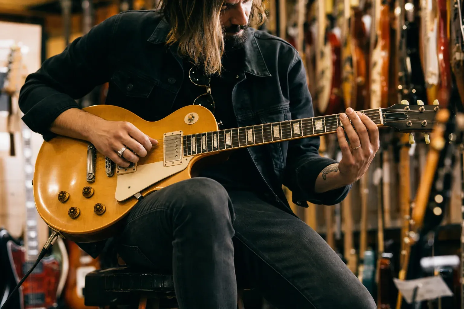 Un musicien essaie plusieurs guitares dans un magasin, avec un gros plan sur les mains et le manche de l’instrument.