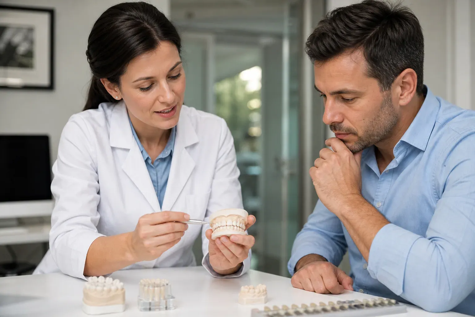 Dentiste montrant à un patient différents modèles de prothèses dentaires dans un cabinet moderne.