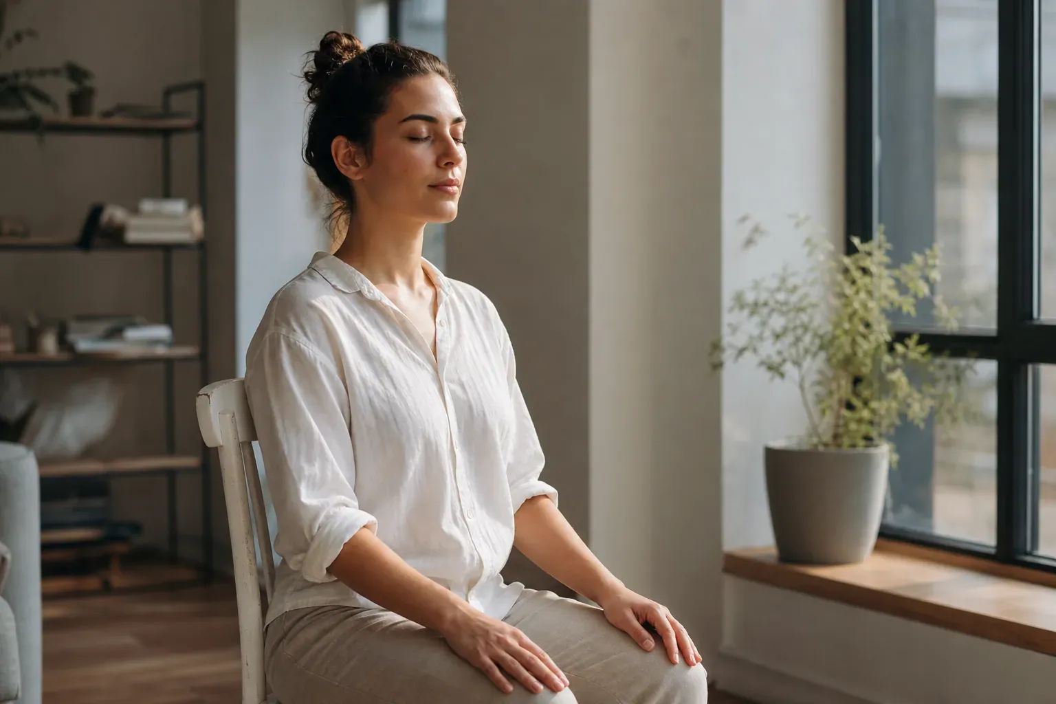 Une personne assise en silence près d’une fenêtre, les yeux fermés, dans une ambiance calme et lumineuse propice à la méditation.