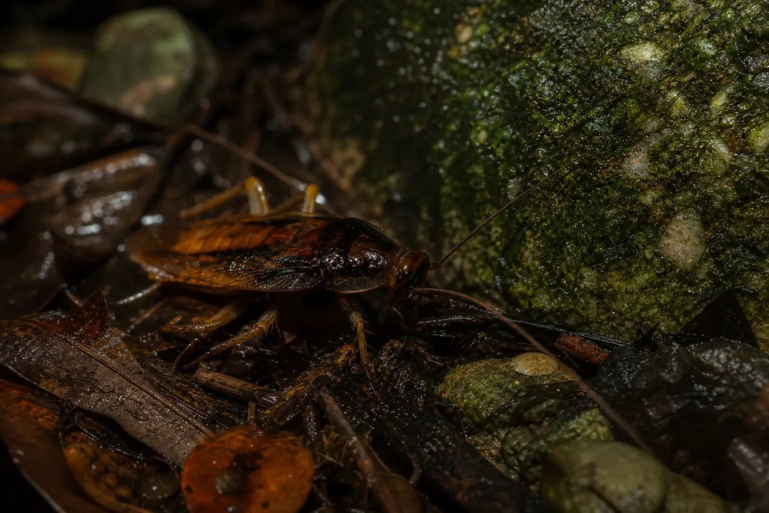 Une blatte de jardin sur de la litière humide, près d’une pierre moussue, dans un jardin au crépuscule.