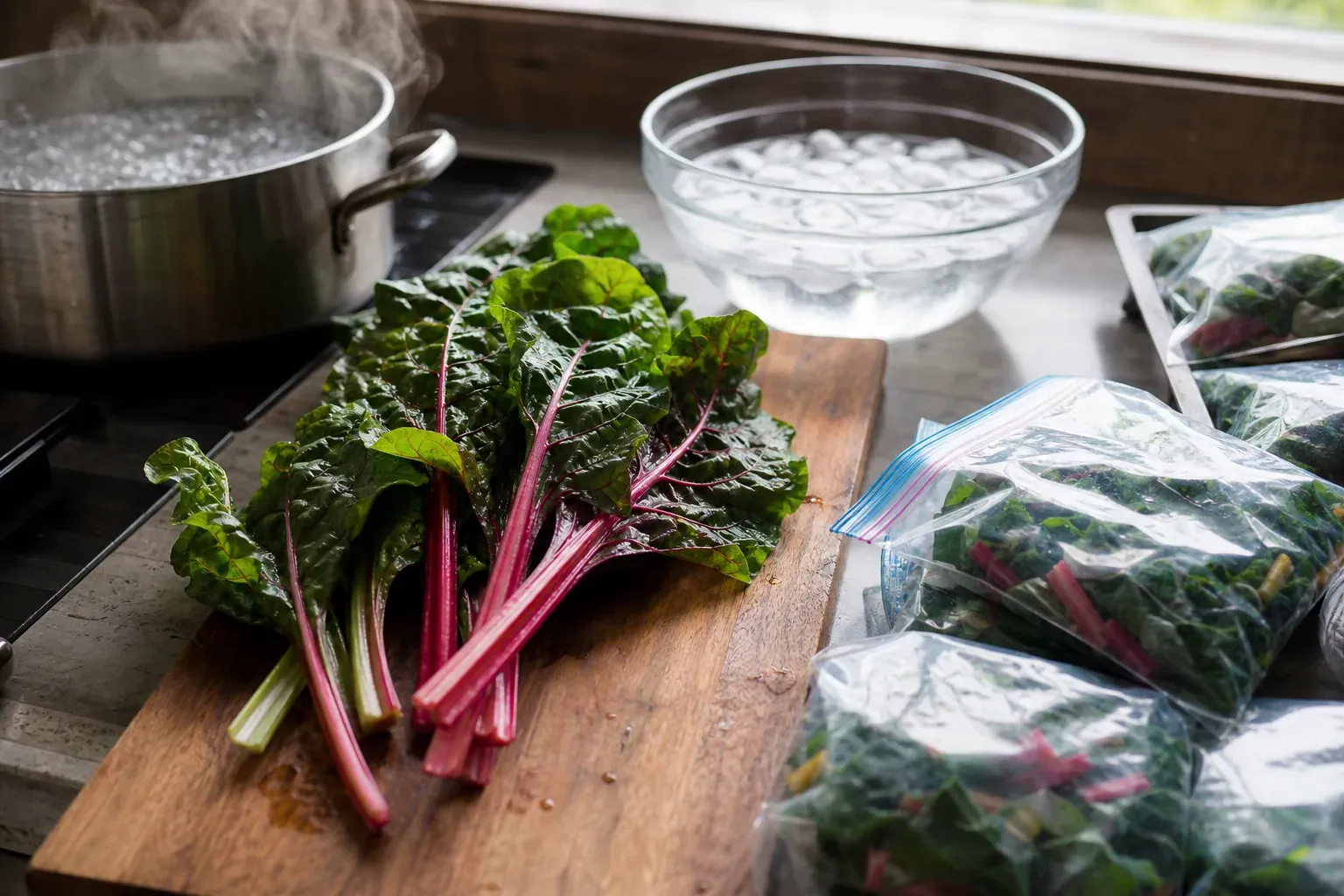 Plan de cuisine montrant des blettes fraîches, une casserole d’eau bouillante, un bain glacé et des sachets de congélation prêts à l’emploi.